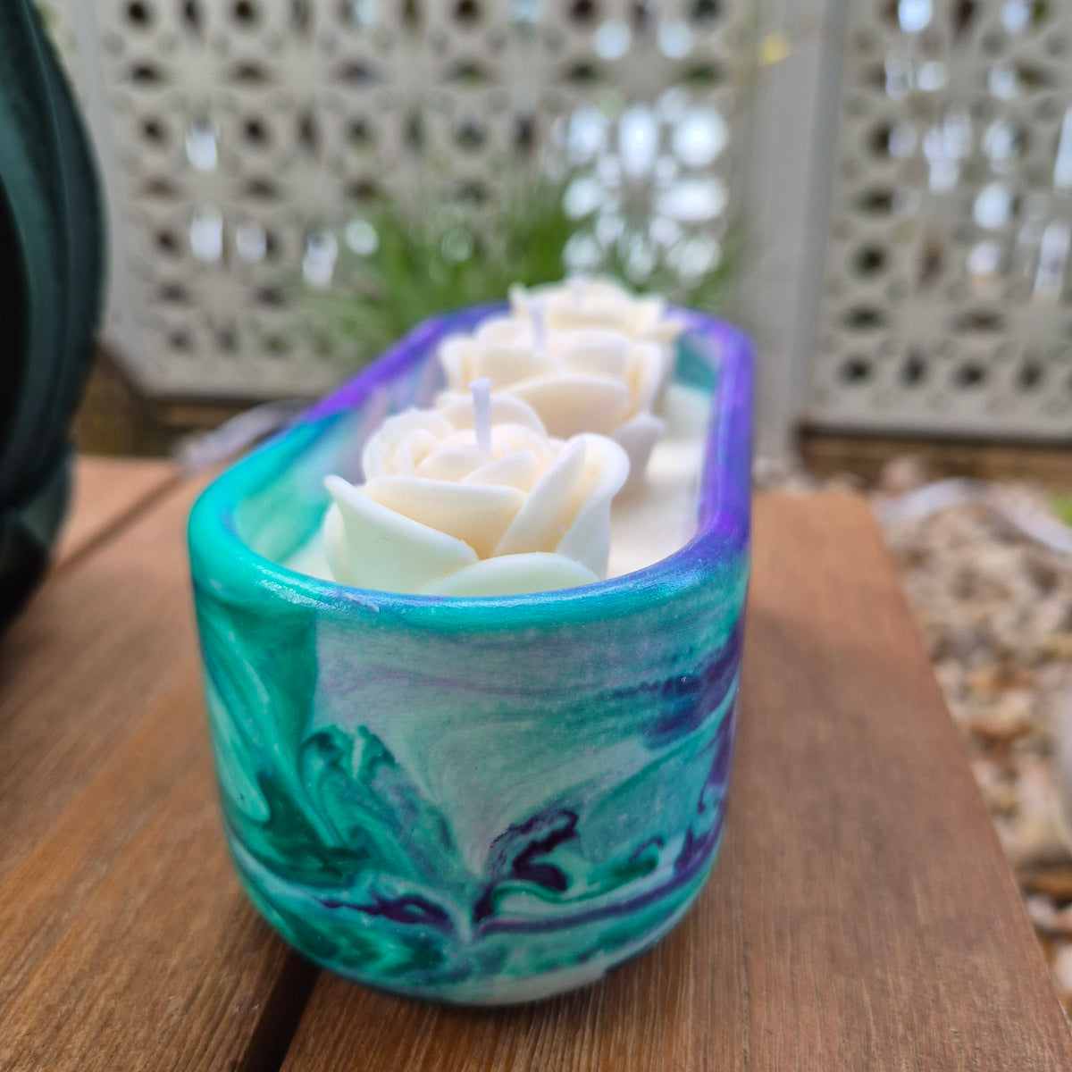 Green and purple concrete bowl candle with gardenia and roses