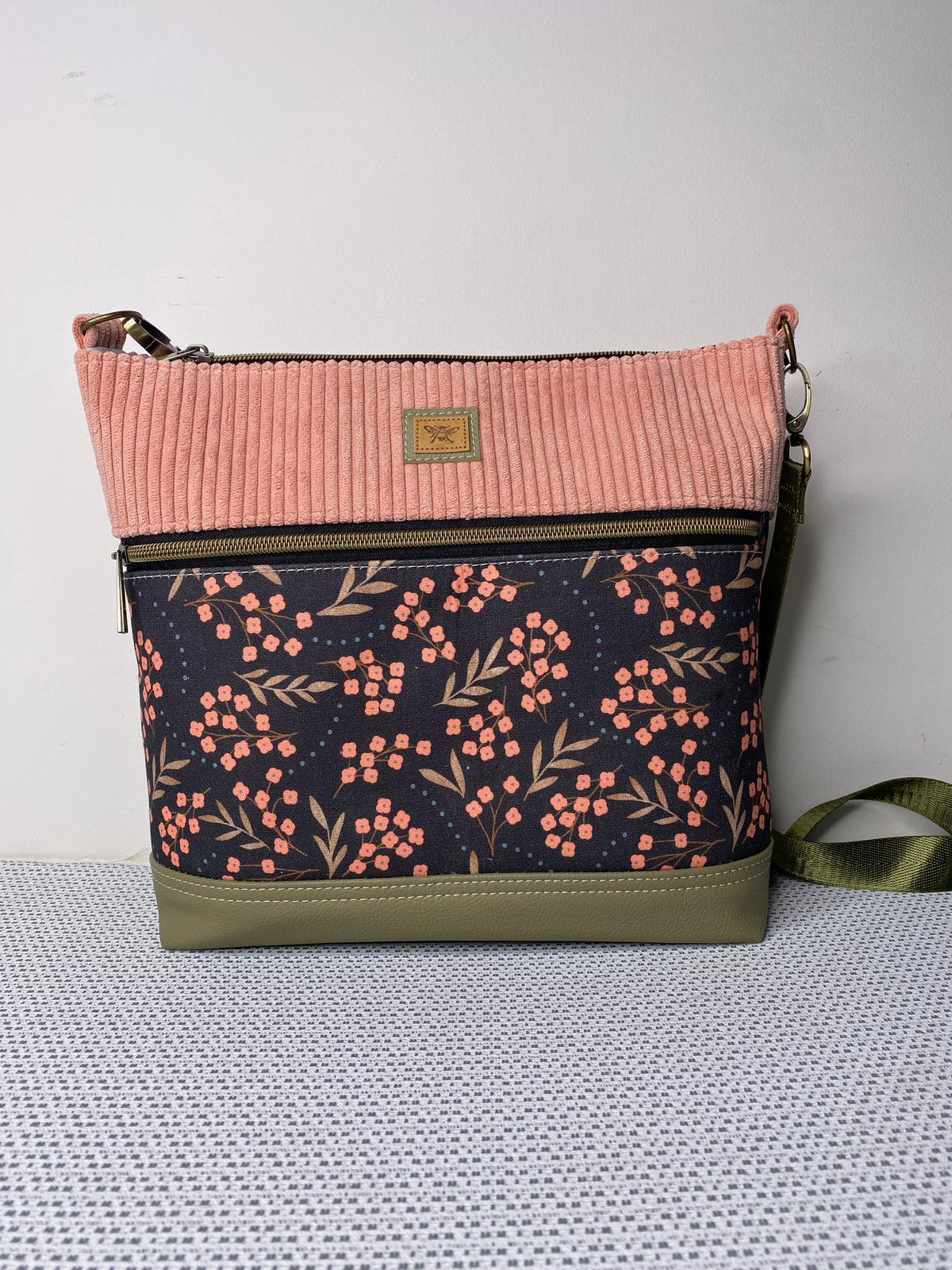 Lola Crossbody Bag - Pink Forget-Me-Not & Pink Corduroy Fabric with Olive Green Faux Leather Base