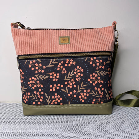 Lola Crossbody Bag - Pink Forget-Me-Not & Pink Corduroy Fabric with Olive Green Faux Leather Base
