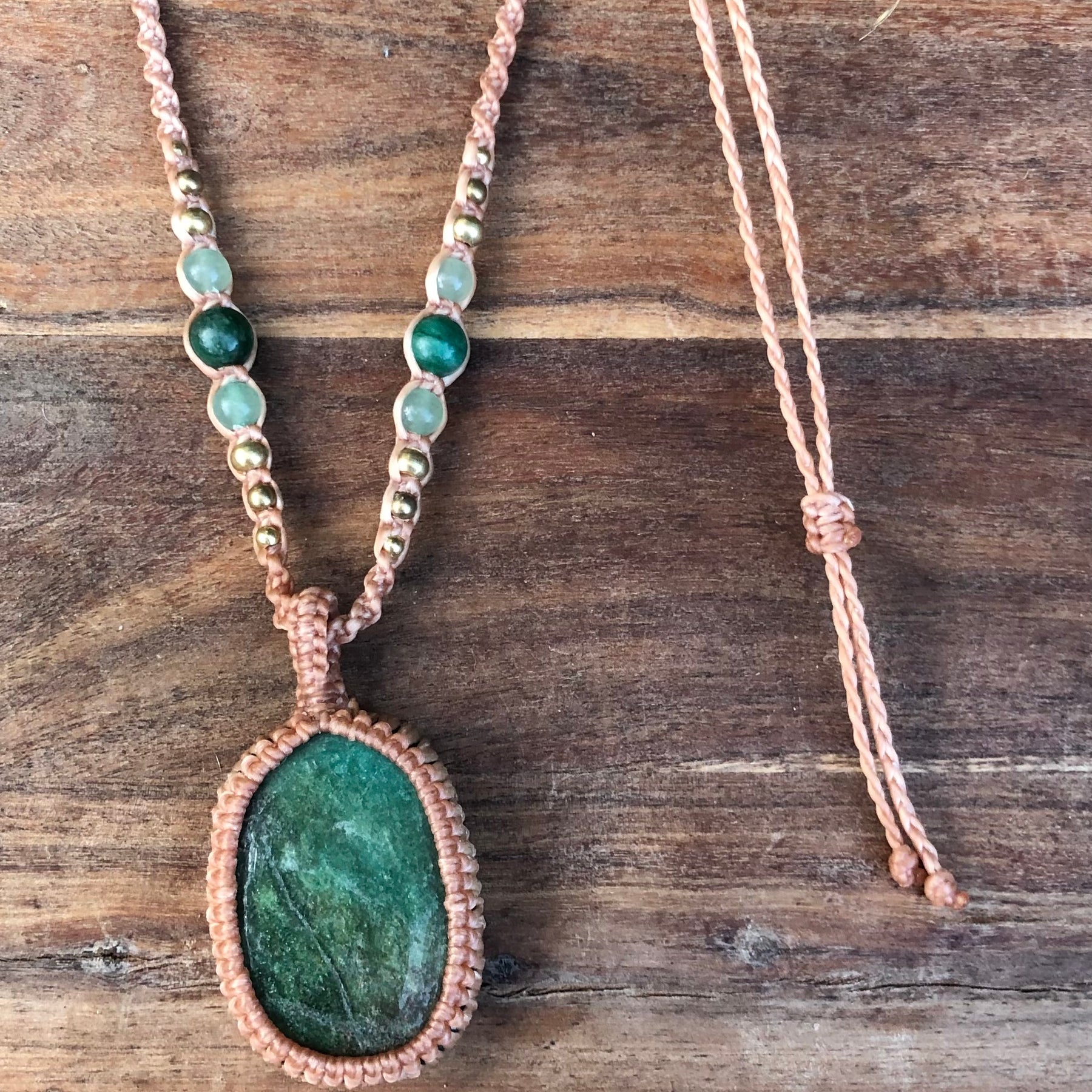 Green Fuschite Pendant Necklace: Beaded Macrame, Adjustable Boho Gift