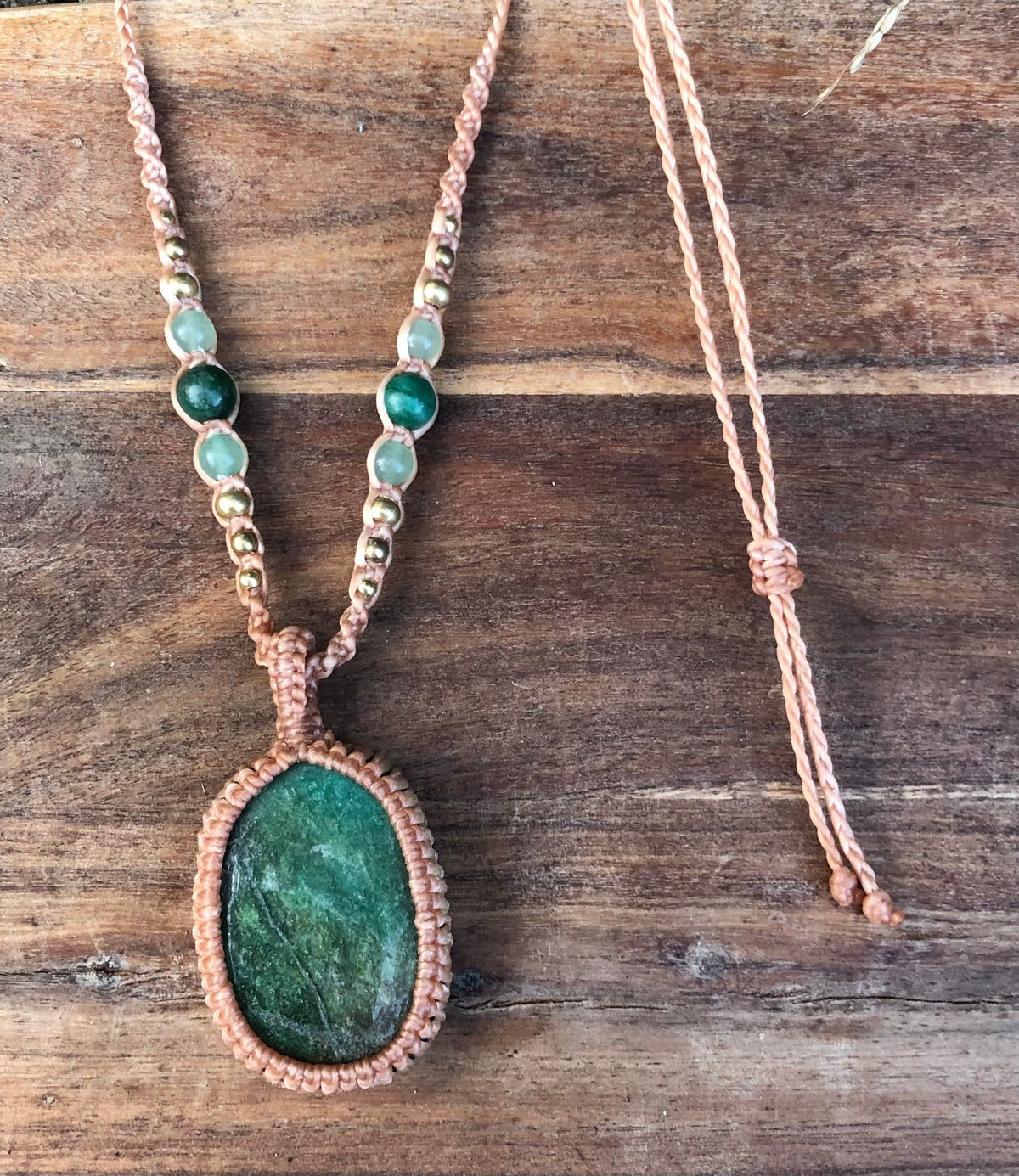 Green Fuschite Pendant Necklace: Beaded Macrame, Adjustable Boho Gift