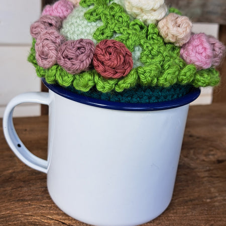 Pin cushion with pretty roses in a sturdy enamel tin mug