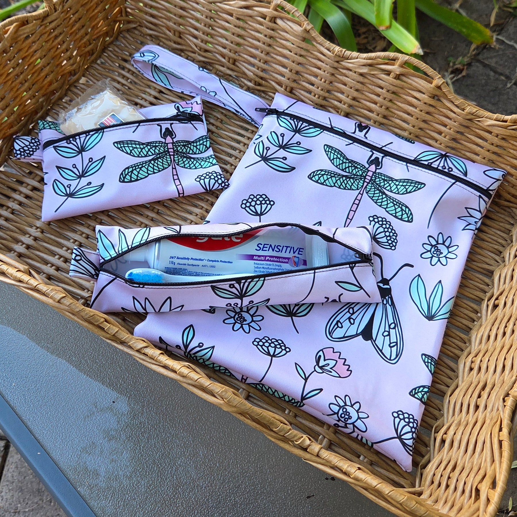 Three Piece Wet Bag Travel Set - Dragonfly and Flower Design