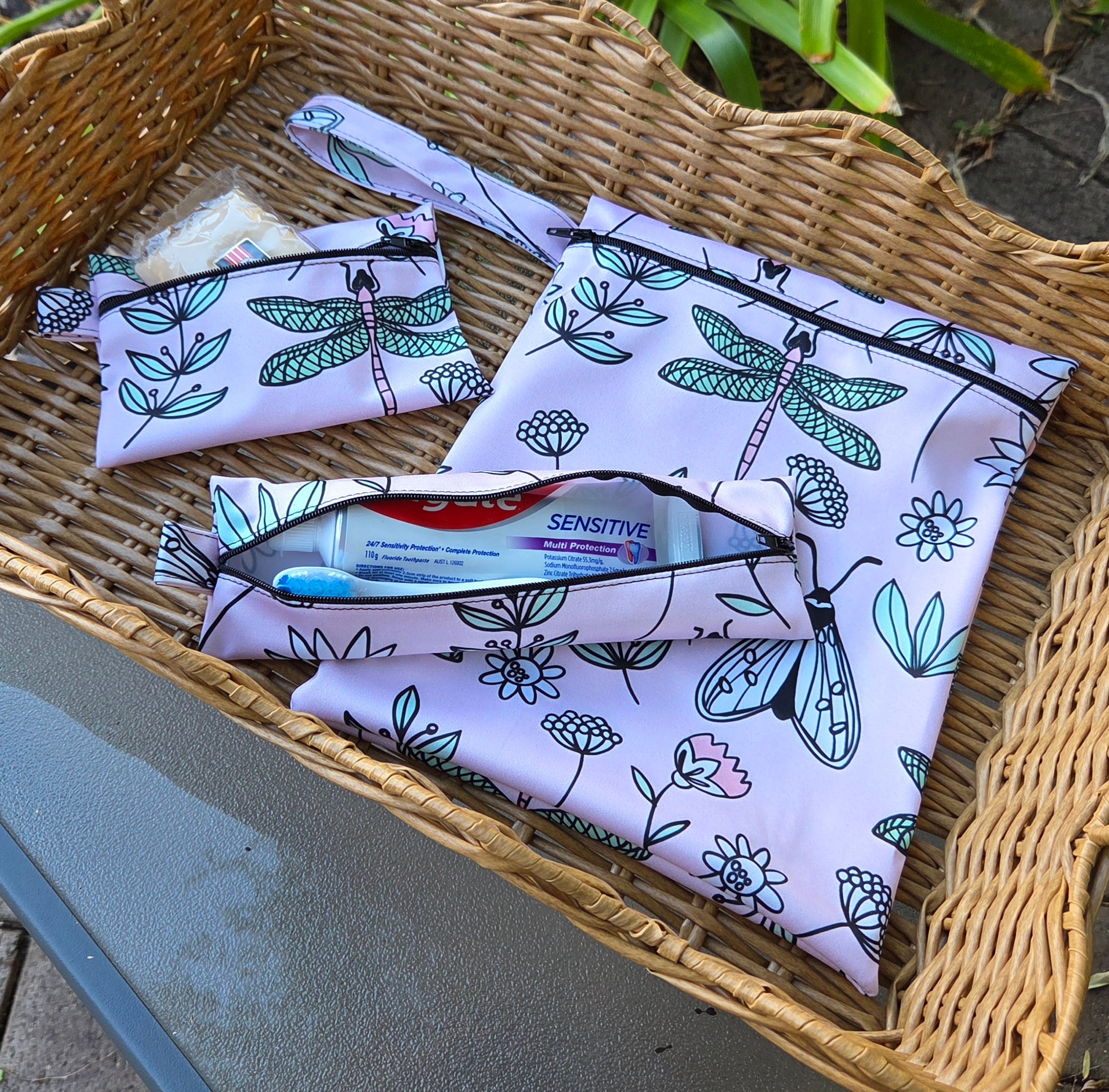 Three Piece Wet Bag Travel Set - Dragonfly and Flower Design