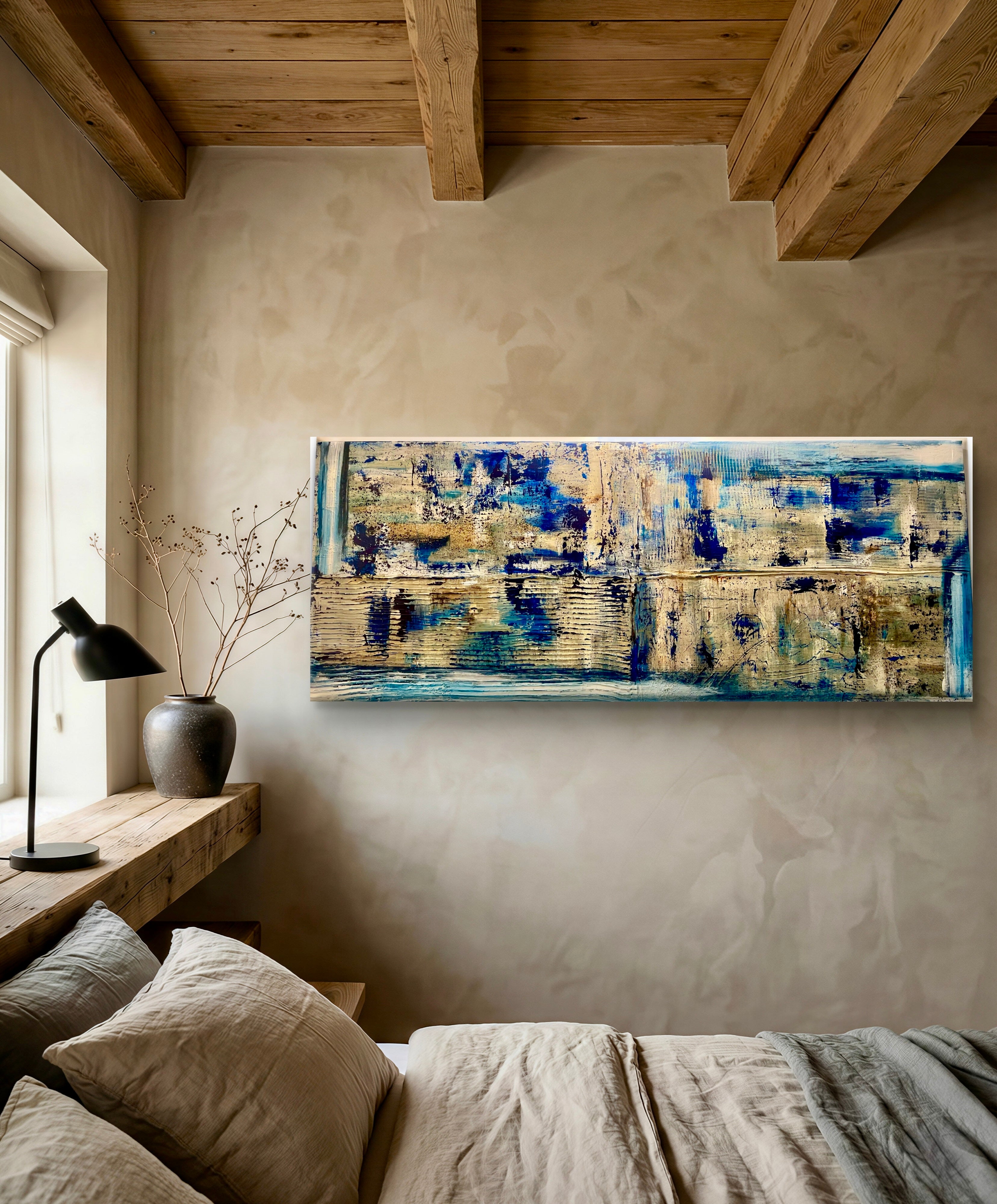 Closer to Fine - Large Textured Acrylic on Canvas with Indigo and Coffee Grinds