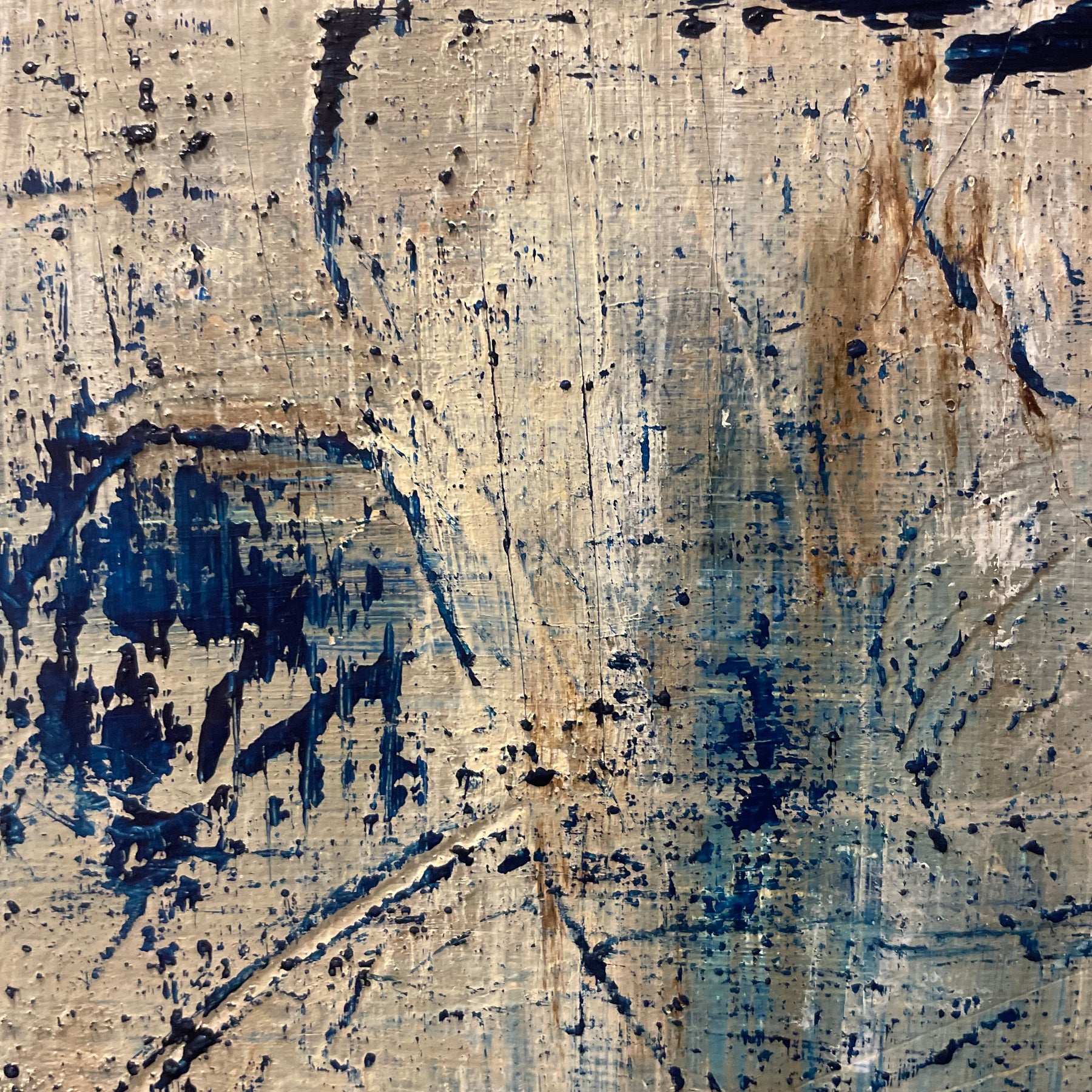 Closer to Fine - Large Textured Acrylic on Canvas with Indigo and Coffee Grinds