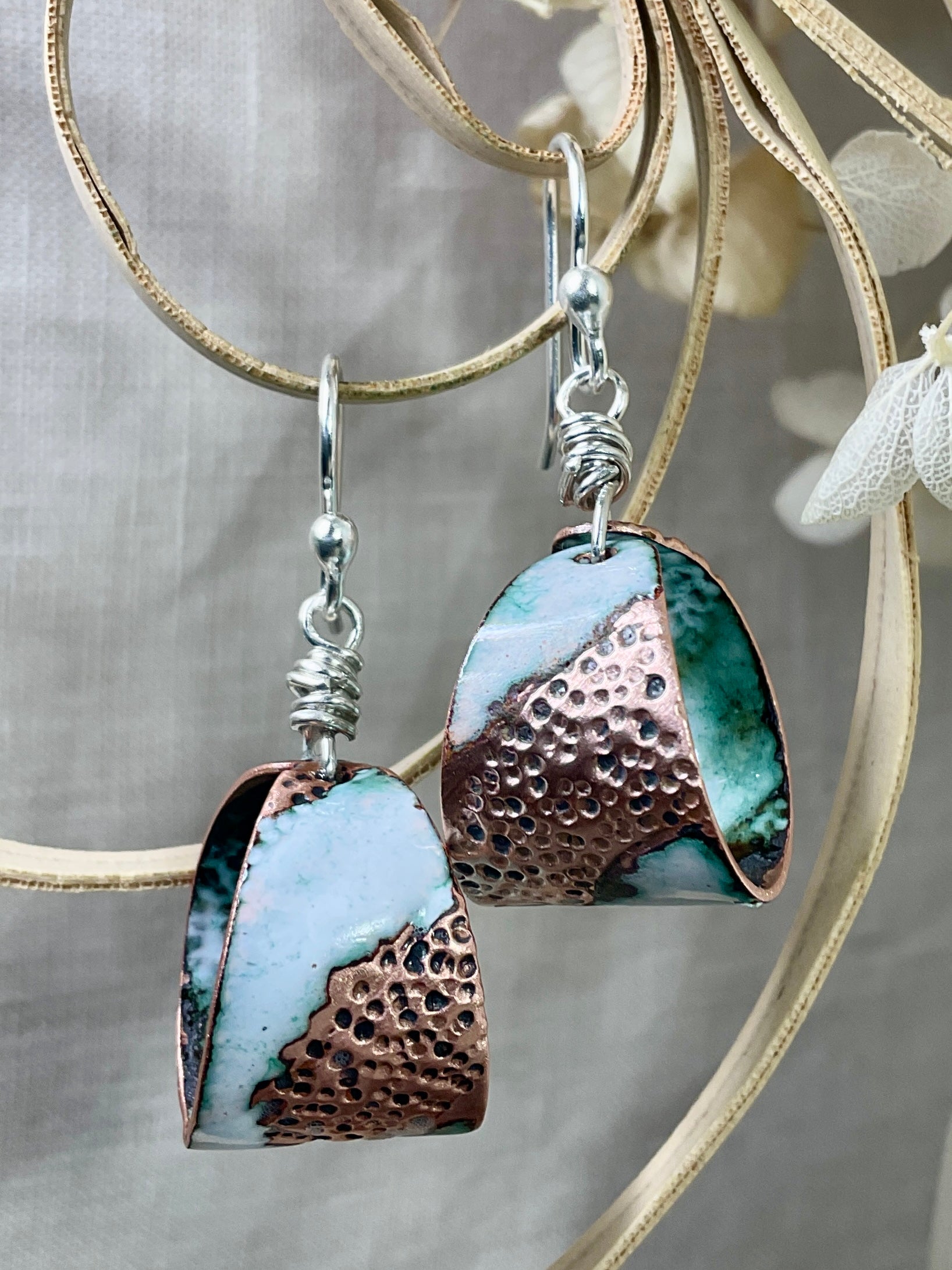 Enamel and recycled copper earrings. Handmade