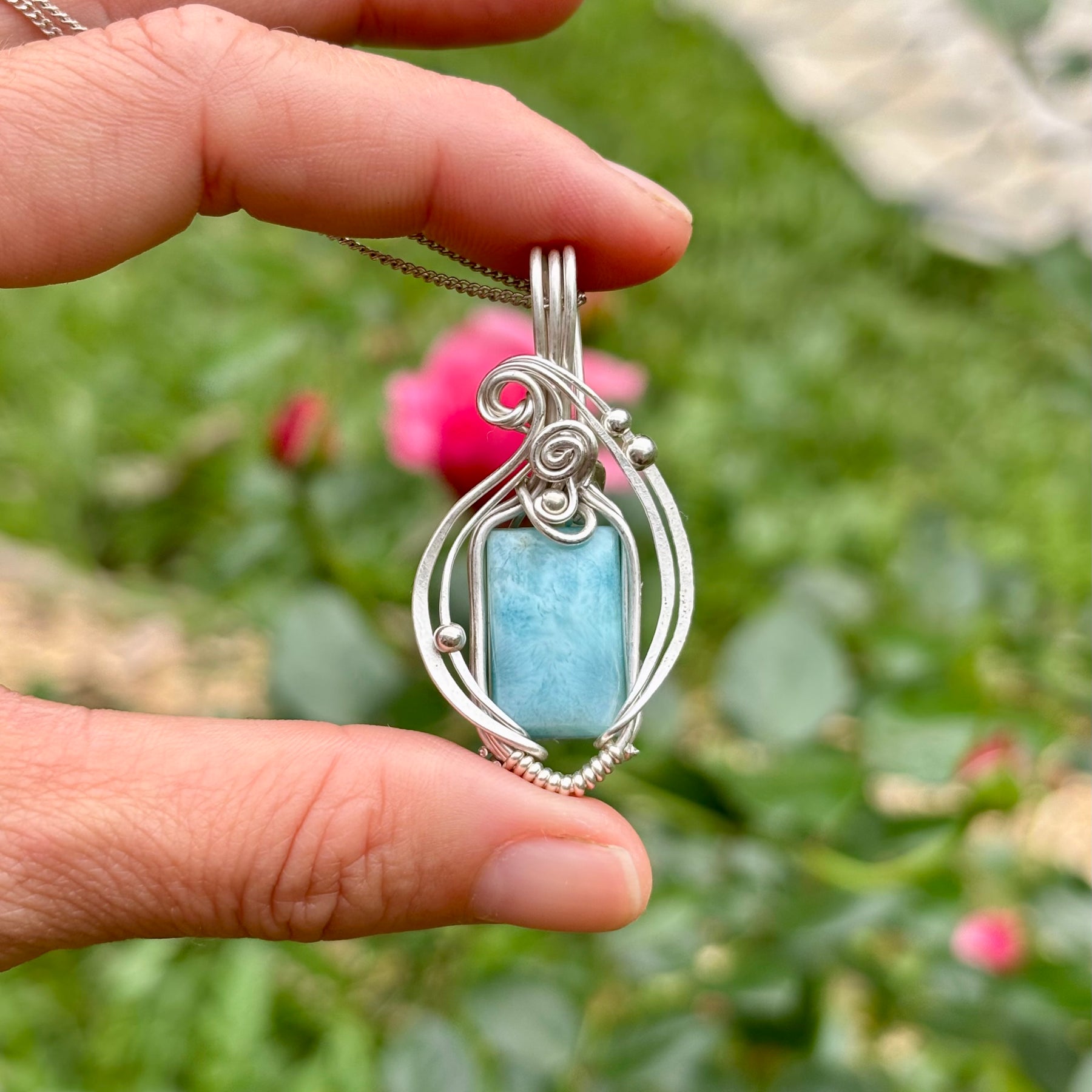 Simple silver Larimar crystal pendant