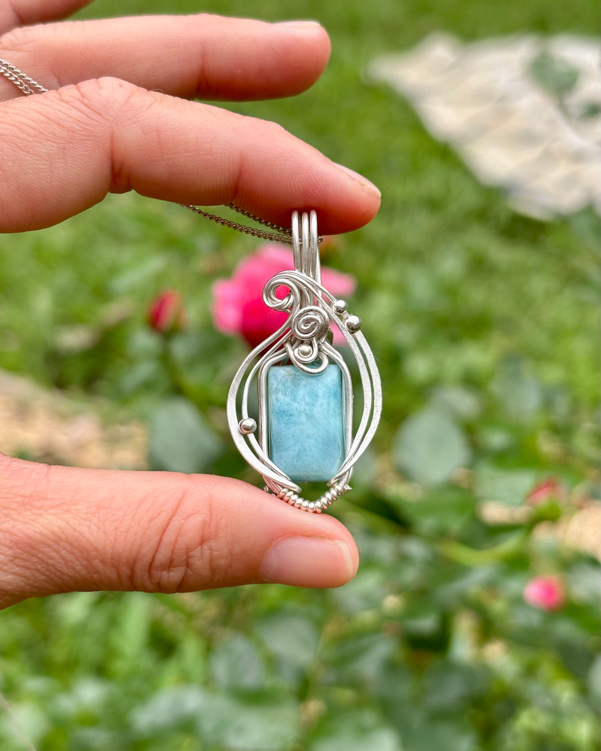 Simple silver Larimar crystal pendant