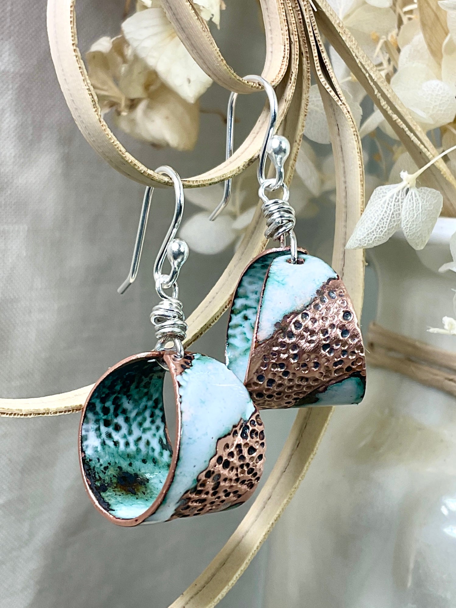 Enamel and recycled copper earrings. Handmade