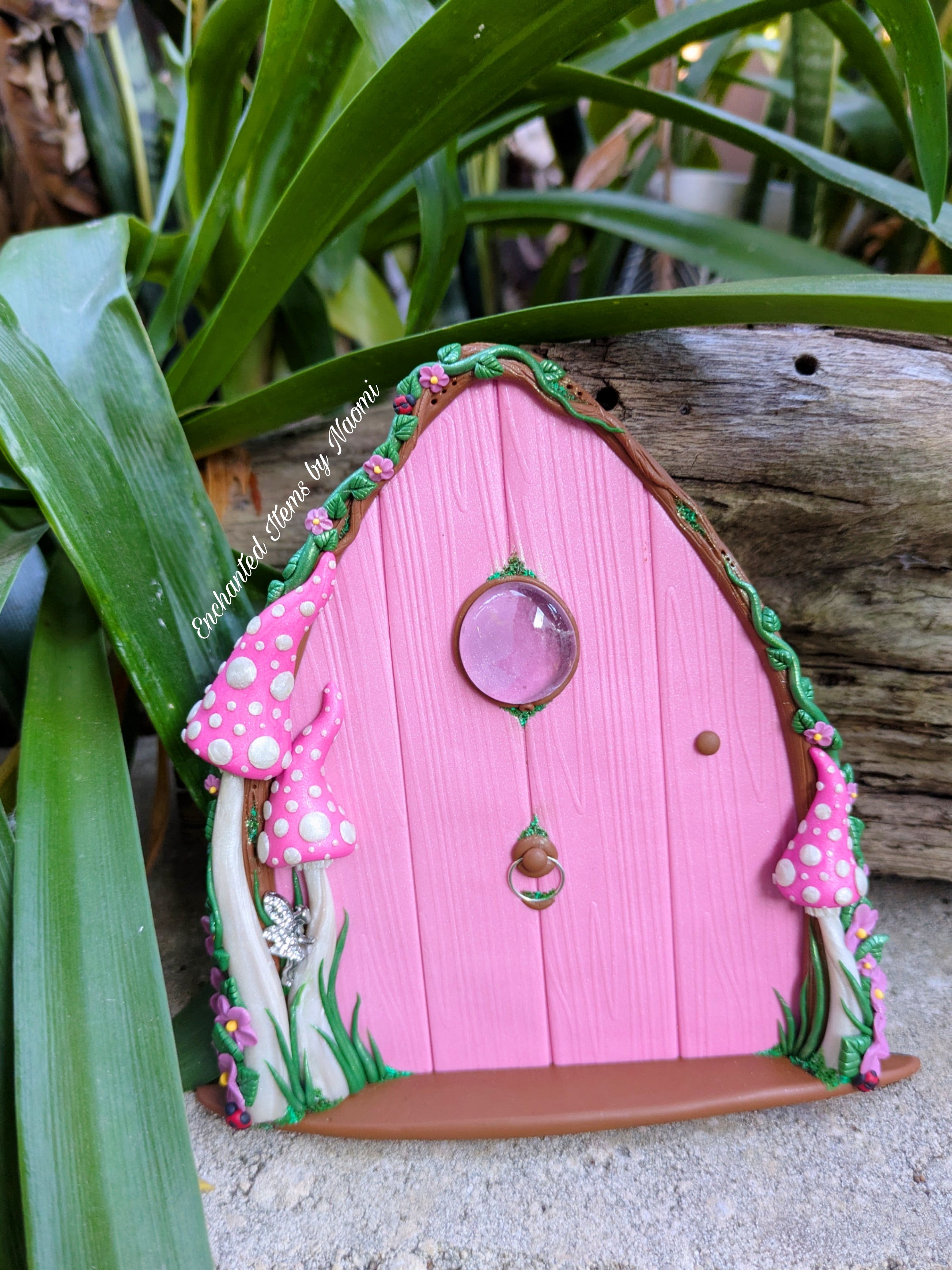 Hand Sculpted Pink Faerie Door – Polymer Clay Fantasy Garden Decor