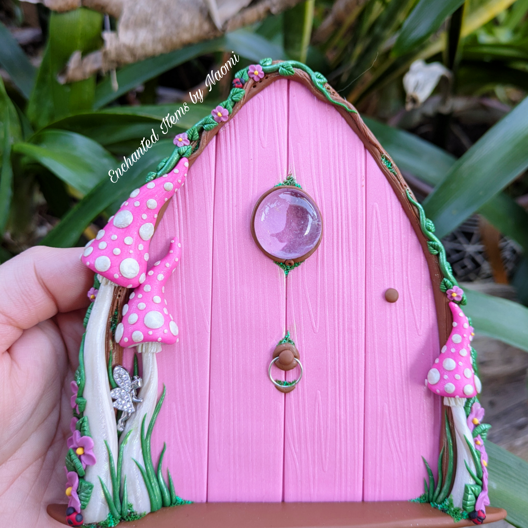 Hand Sculpted Pink Faerie Door – Polymer Clay Fantasy Garden Decor