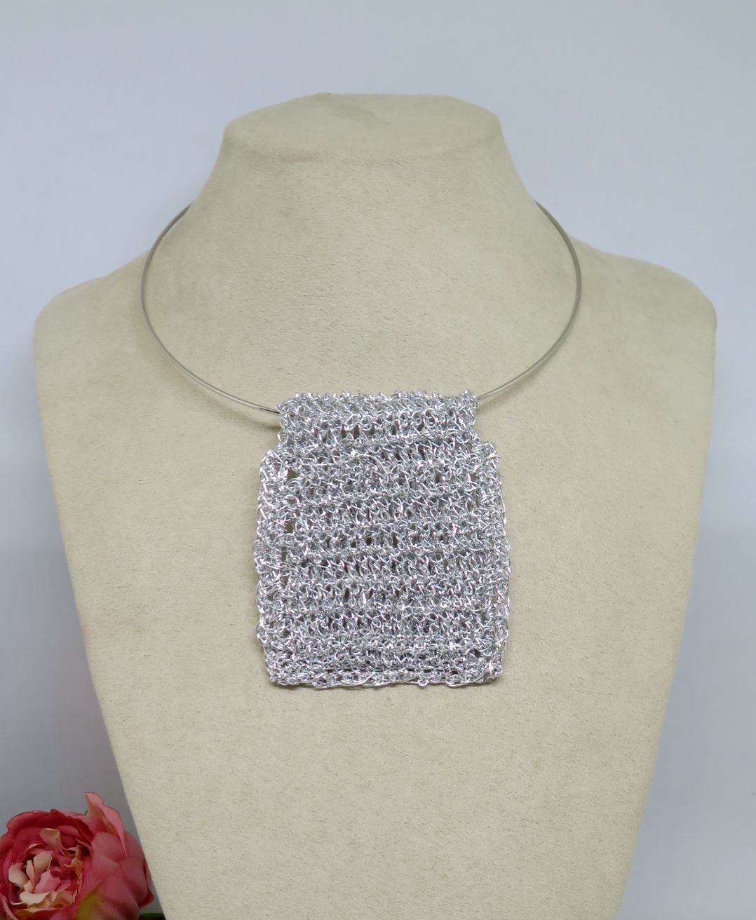 Bespoke Handmade Silver Shimmer Crochet Pendant Choker Necklace