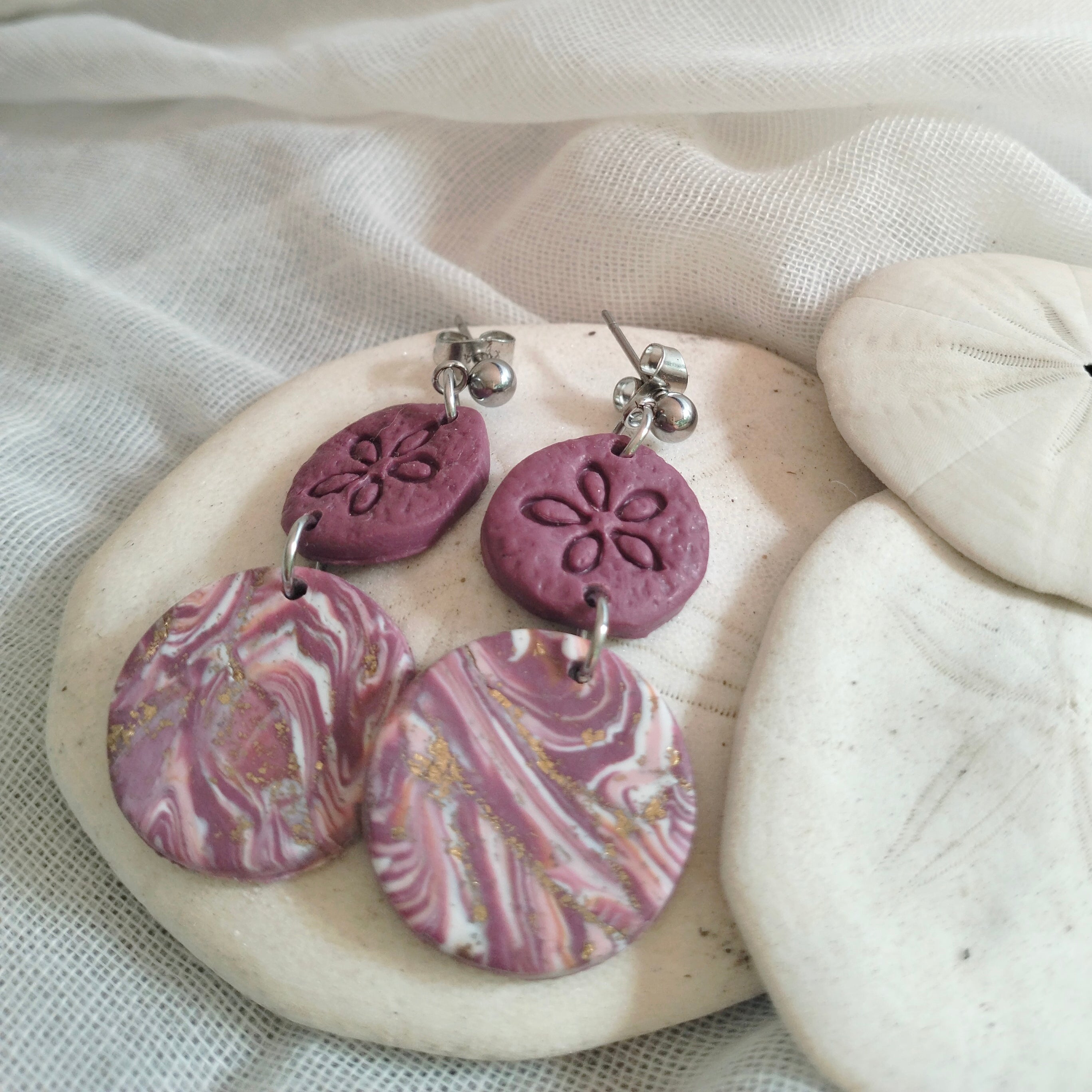 Earrings - Sand Dollar, Beachy, Purple Swirl- Artful Dangles