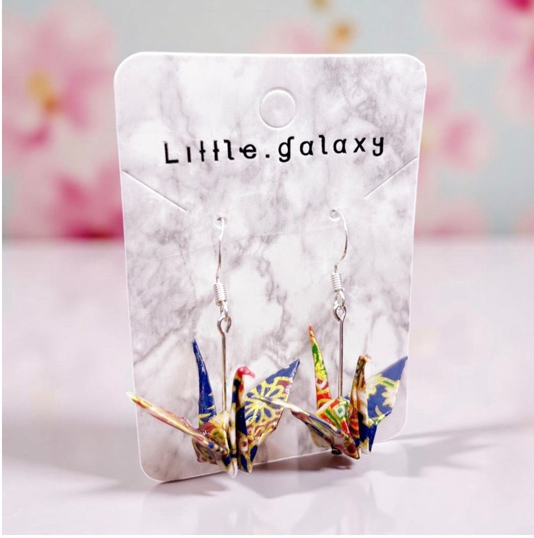Handmade paper origami Large crane earrings / ear clip on / 18k gold hook