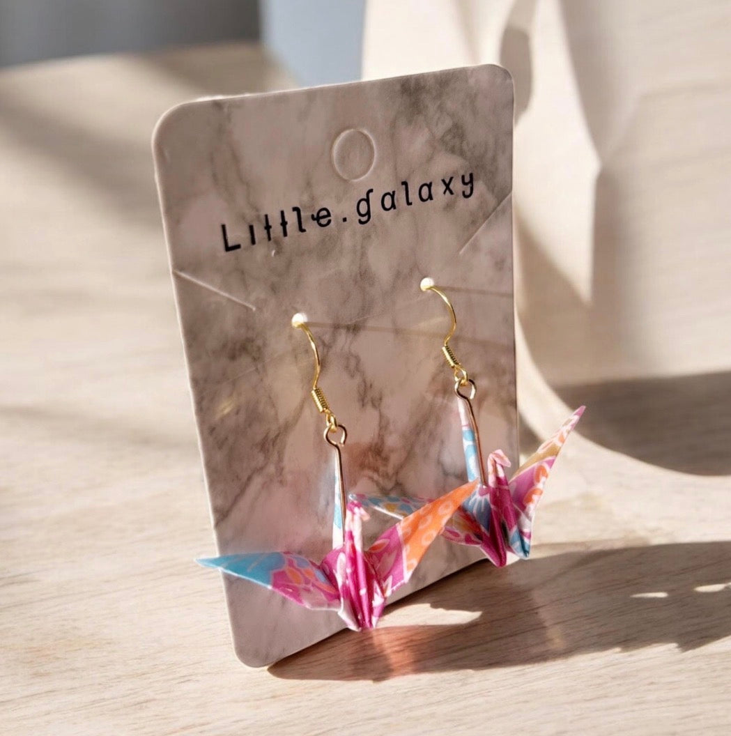 Handmade paper origami Large crane earrings / ear clip on / 18k gold hook