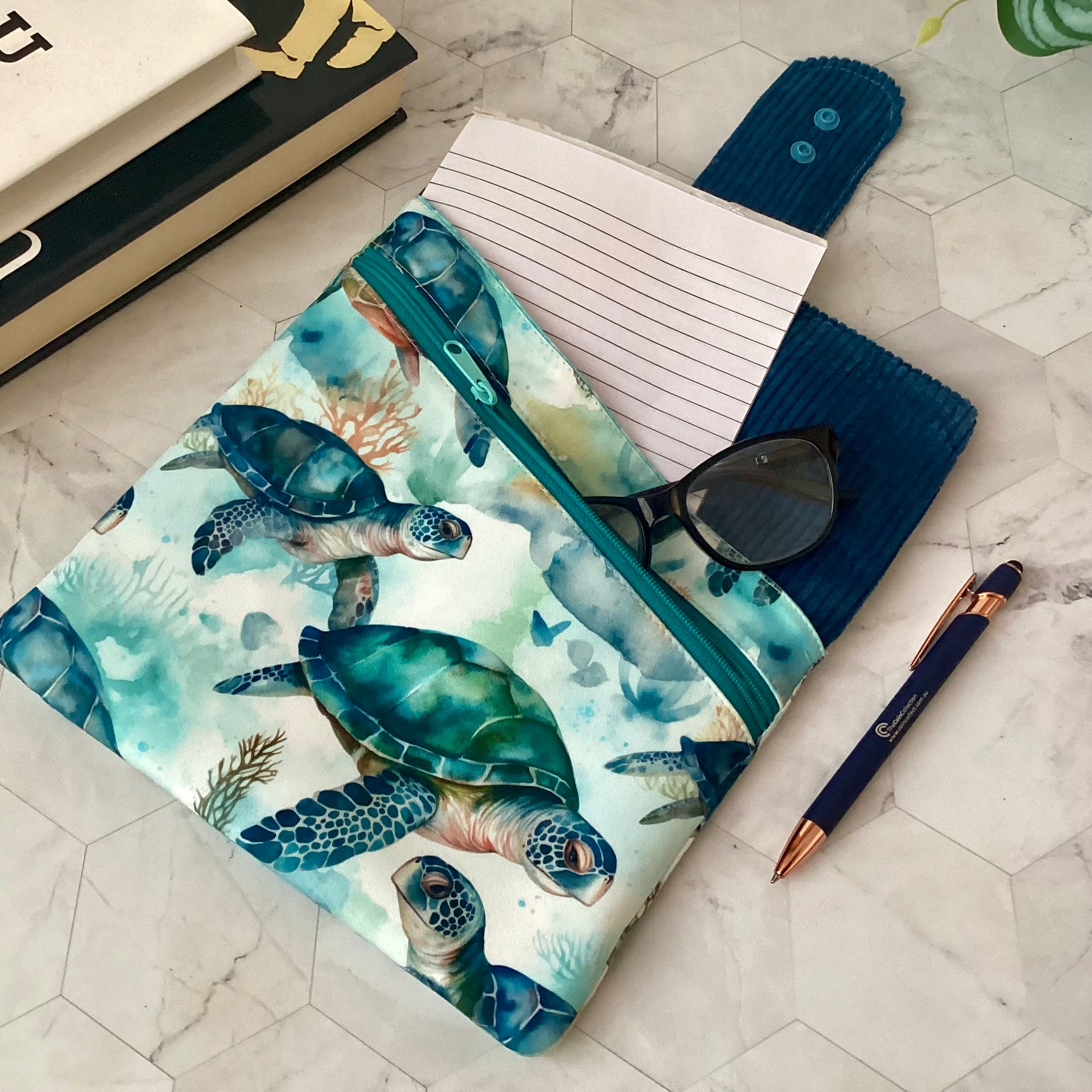 Sea turtle fabric book sleeve with 2 pockets. iPad, tablet pouch