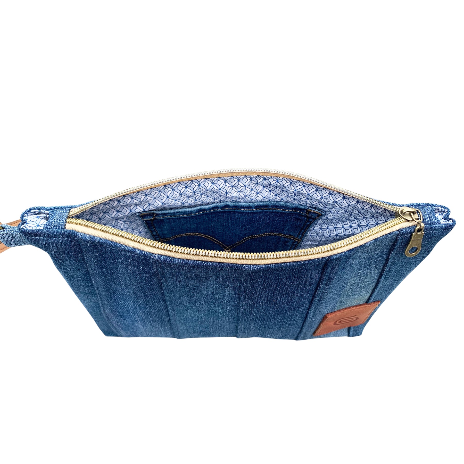 Handmade striped upcycled denim wristlet clutch