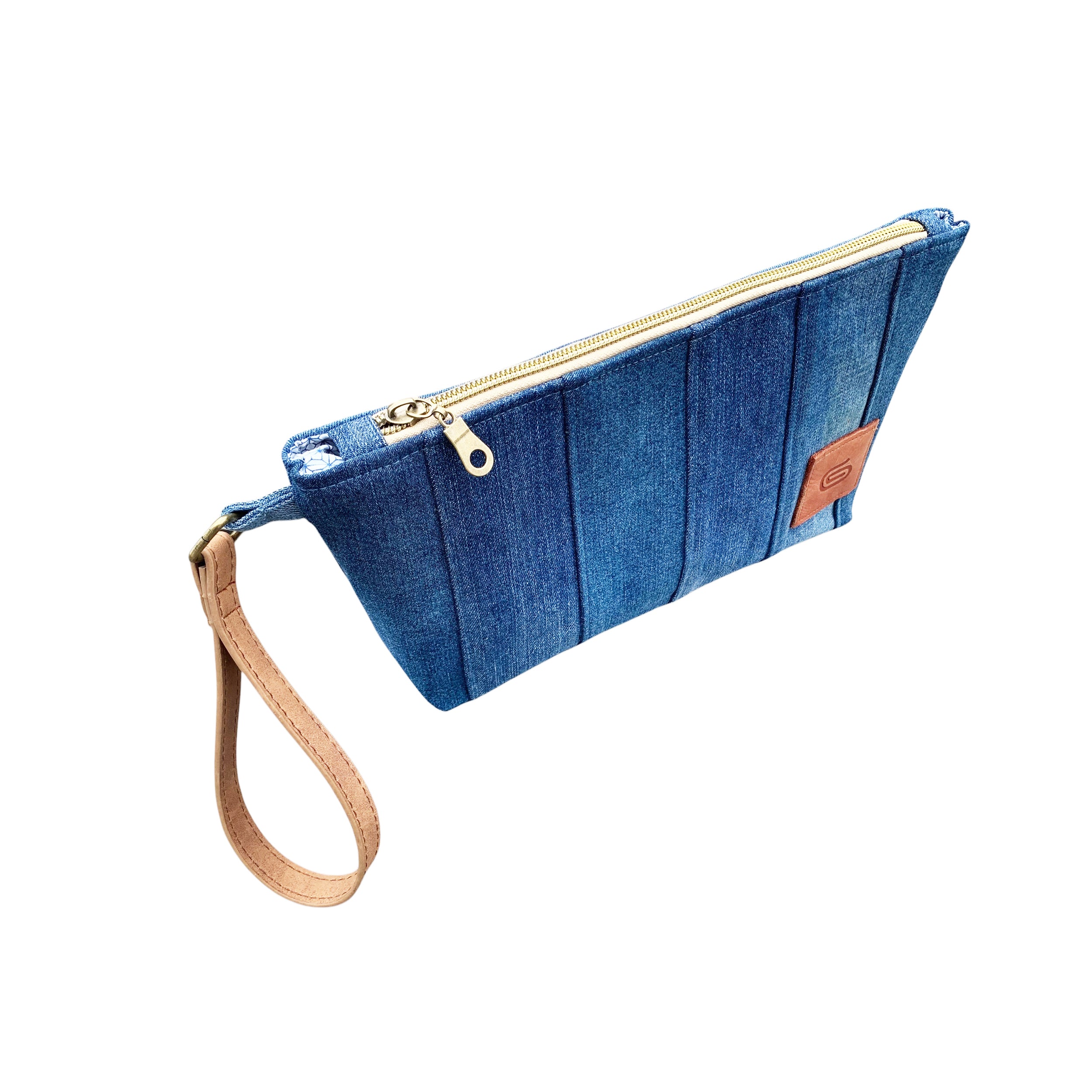 Handmade striped upcycled denim wristlet clutch