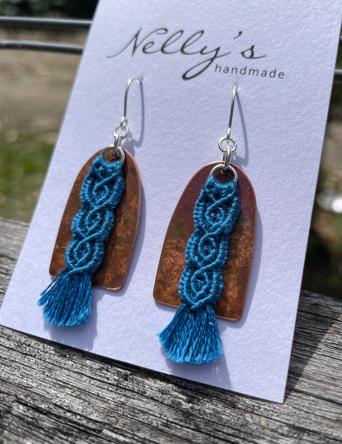 Blue macrame thread on patinated copper