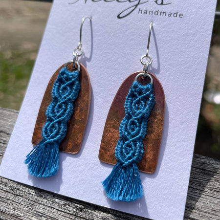 Blue macrame thread on patinated copper