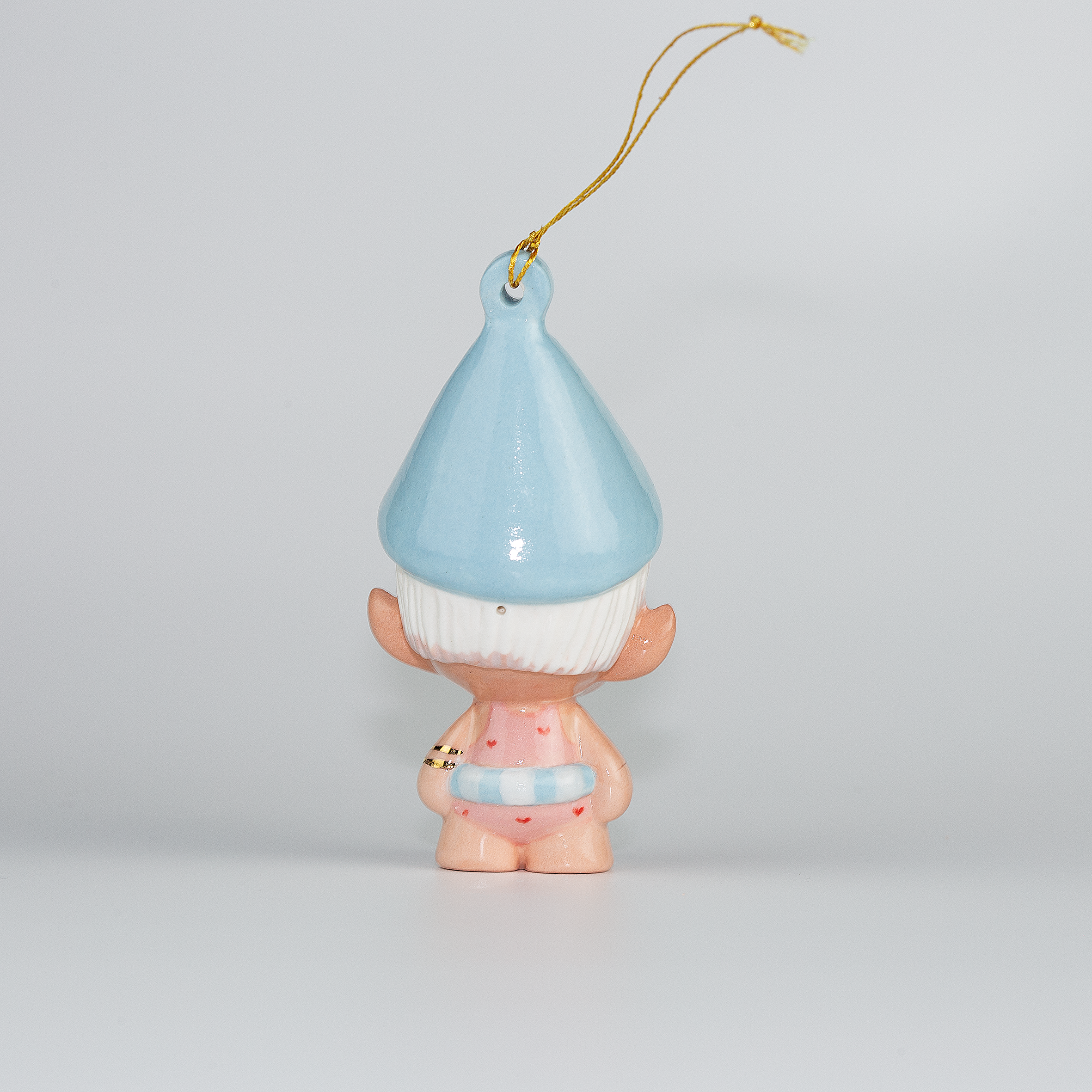 Handmade Porcelain Christmas ornament. One-of-a-kind. Shelly the Swim teacher Elf.