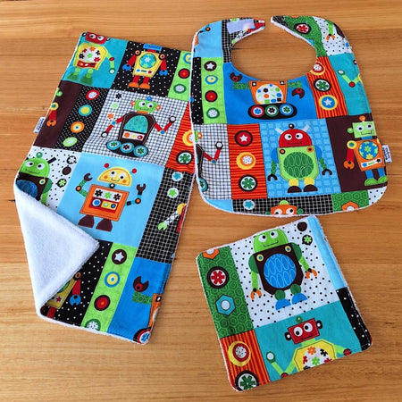 Handmade Baby Bib, Burp Cloth Set | Robot Print