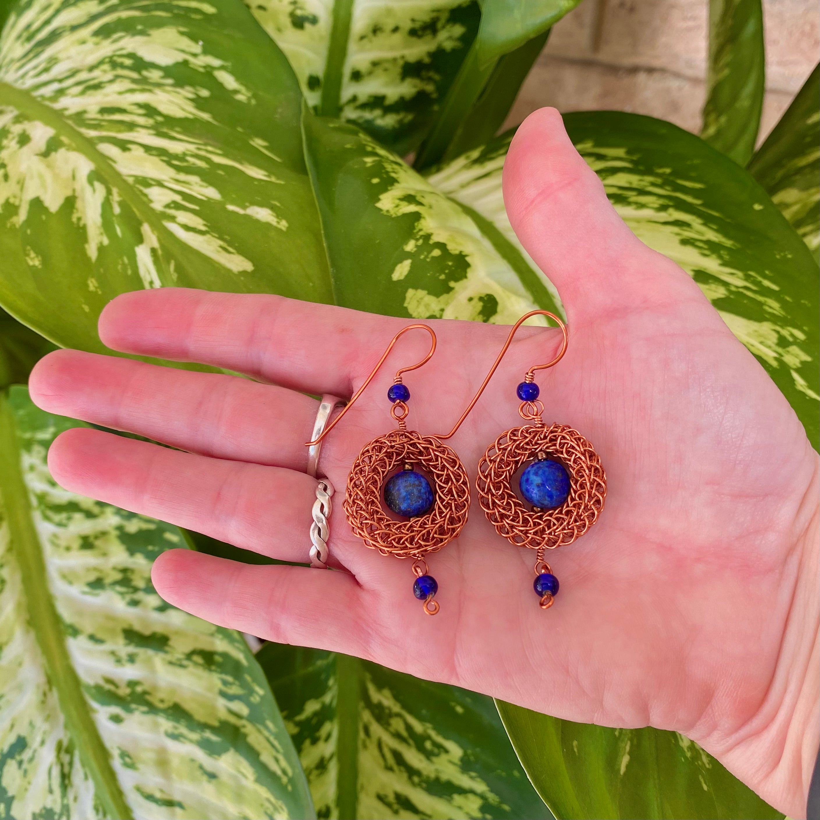 Antique Copper Viking Wire Knit Earrings with Lapis Lazuli Stones