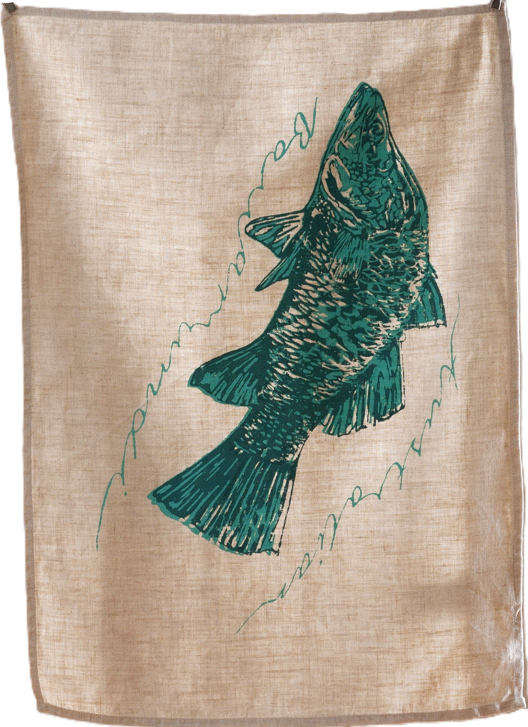Hand Screen Printed Linen Tea Towels- Teal Green Barramundi