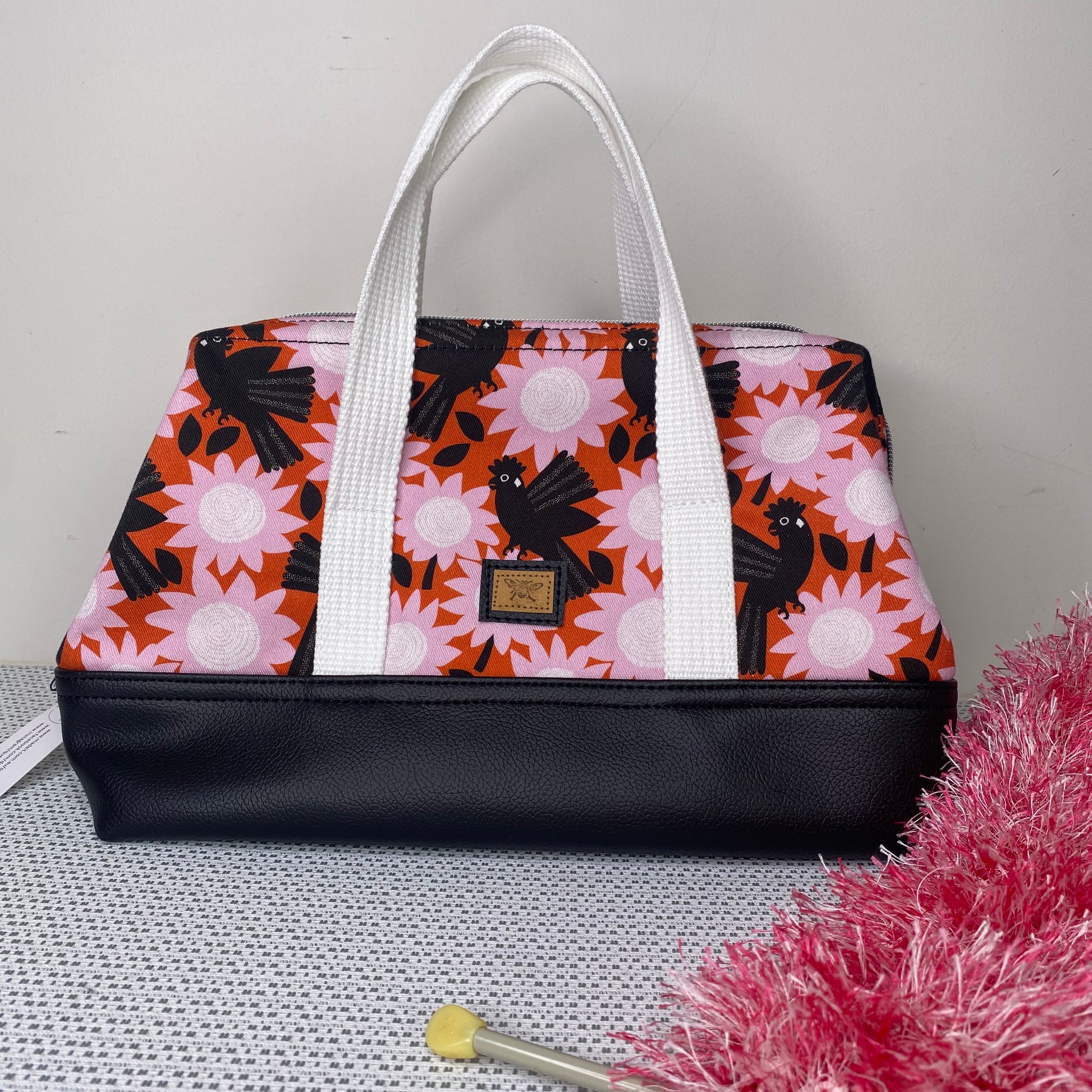 Project Bag - Pink Flowers & Black Cockatoos with a Black Faux Leather Base