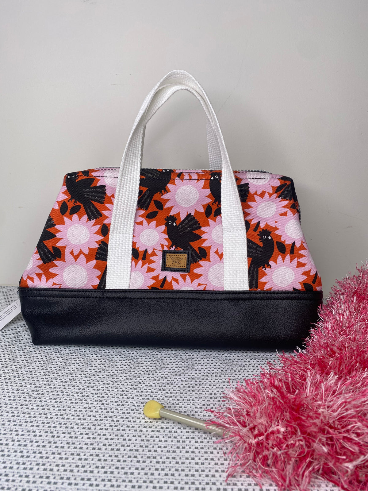 Project Bag - Pink Flowers & Black Cockatoos with a Black Faux Leather Base