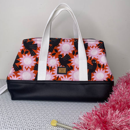 Project Bag - Pink Flowers & Black Cockatoos with a Black Faux Leather Base