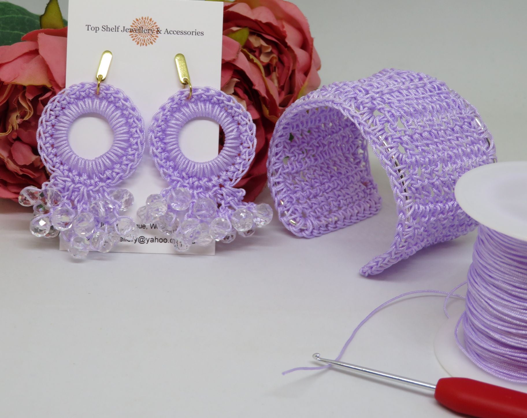 Lilac Bespoke Cuff Bracelet Crochet Boho Thread Chandelier Beaded Earrings