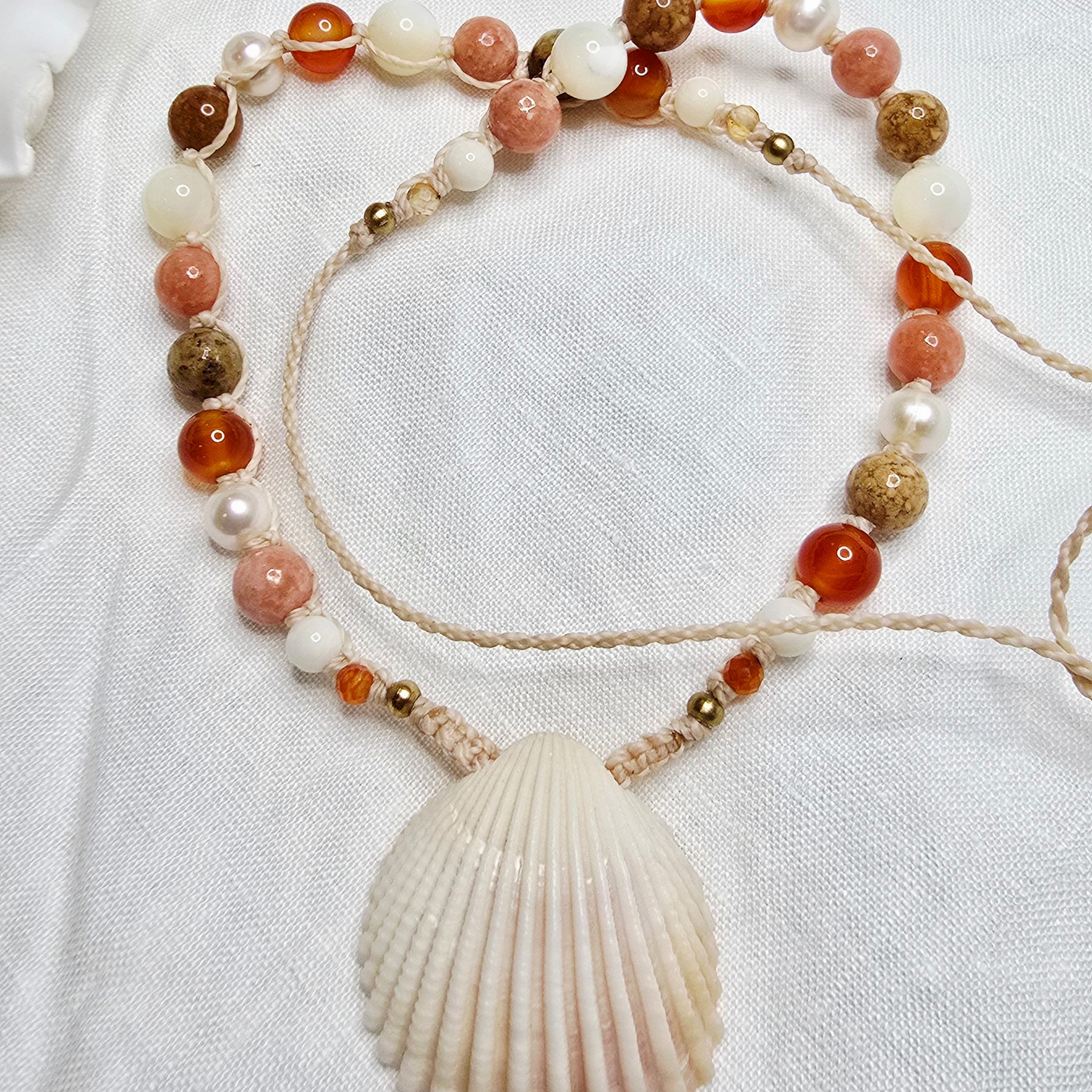 Cockle Shell Necklace Adjustable with Pearls and Rare Ocean Agate