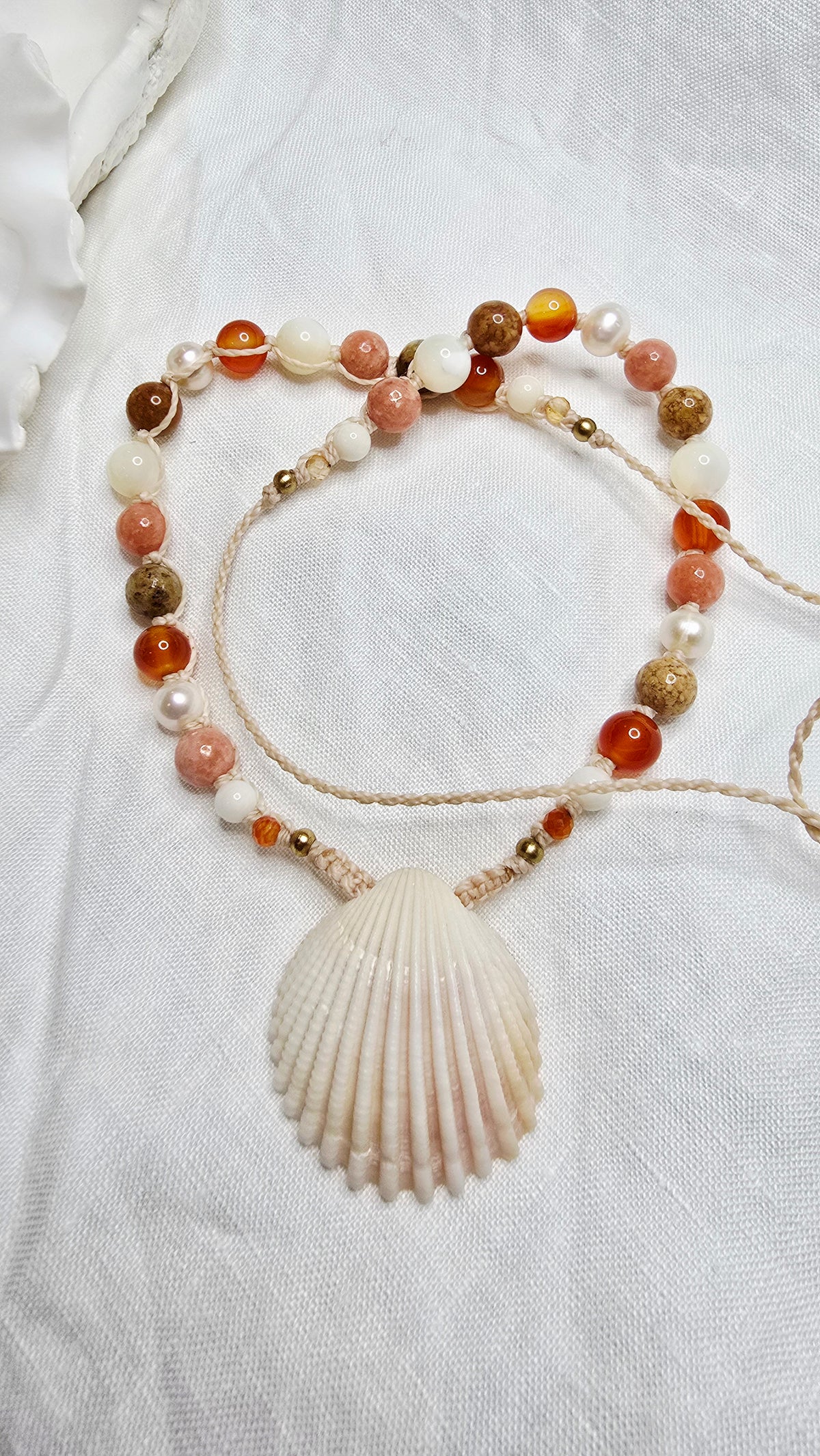 Cockle Shell Necklace Adjustable with Pearls and Rare Ocean Agate