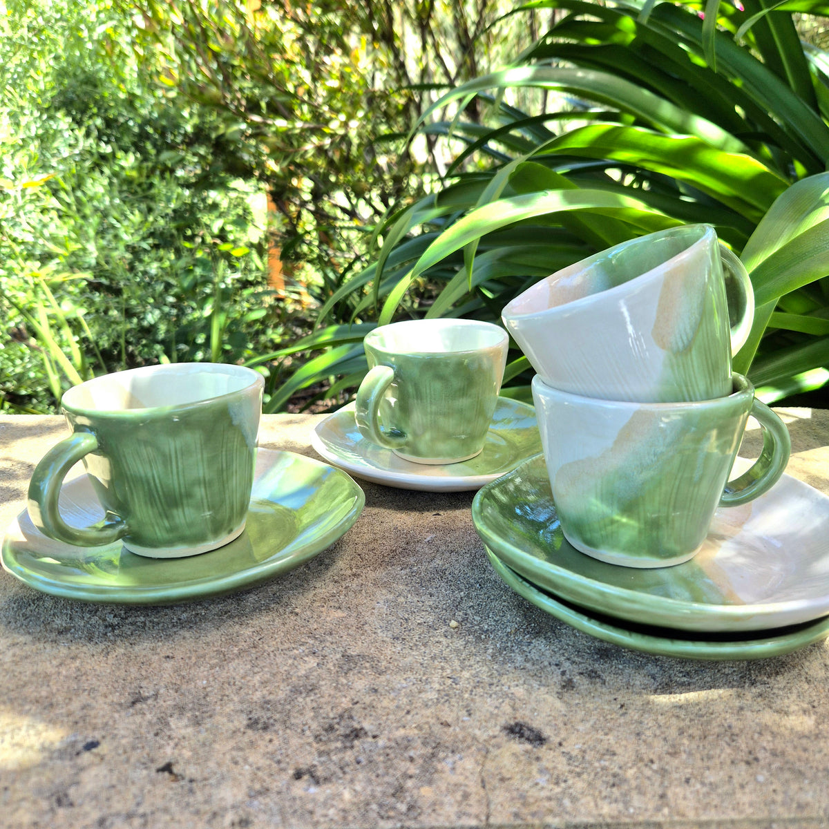 Handmade Ceramic Cup and Side Plate - Sage Green and White