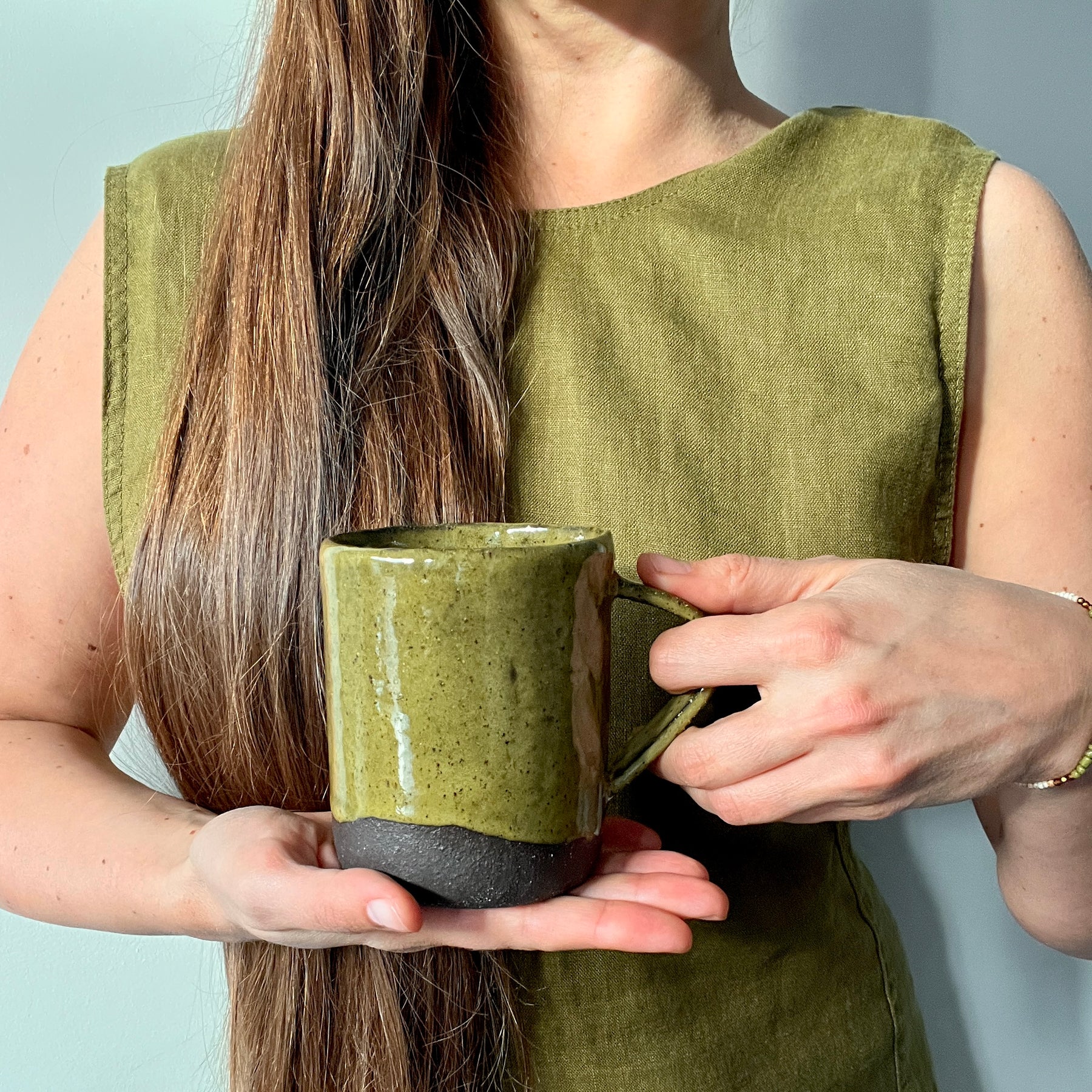 Handmade Rustic Ceramic Mug – Matcha Green Collection, Stoneware Coffee Cup, Earthy Pottery