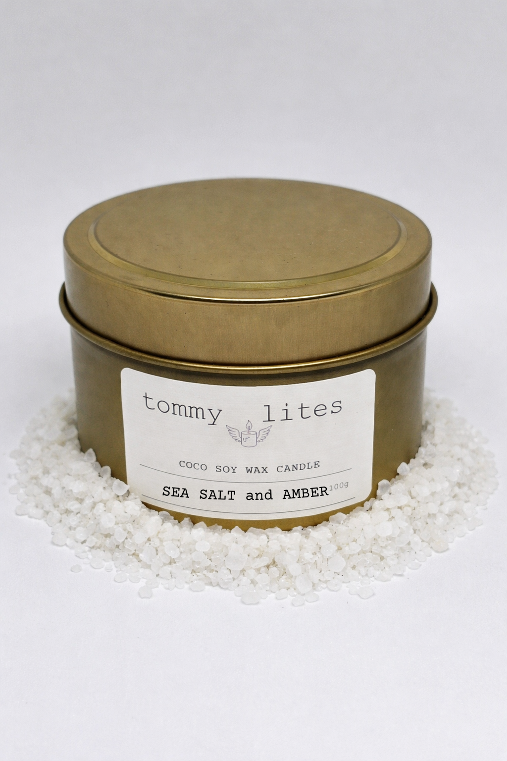 Gold tin Coco Soy wax candle -Sea Salt Amber