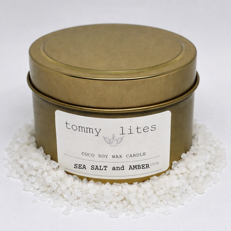 Gold tin Coco Soy wax candle -Sea Salt Amber