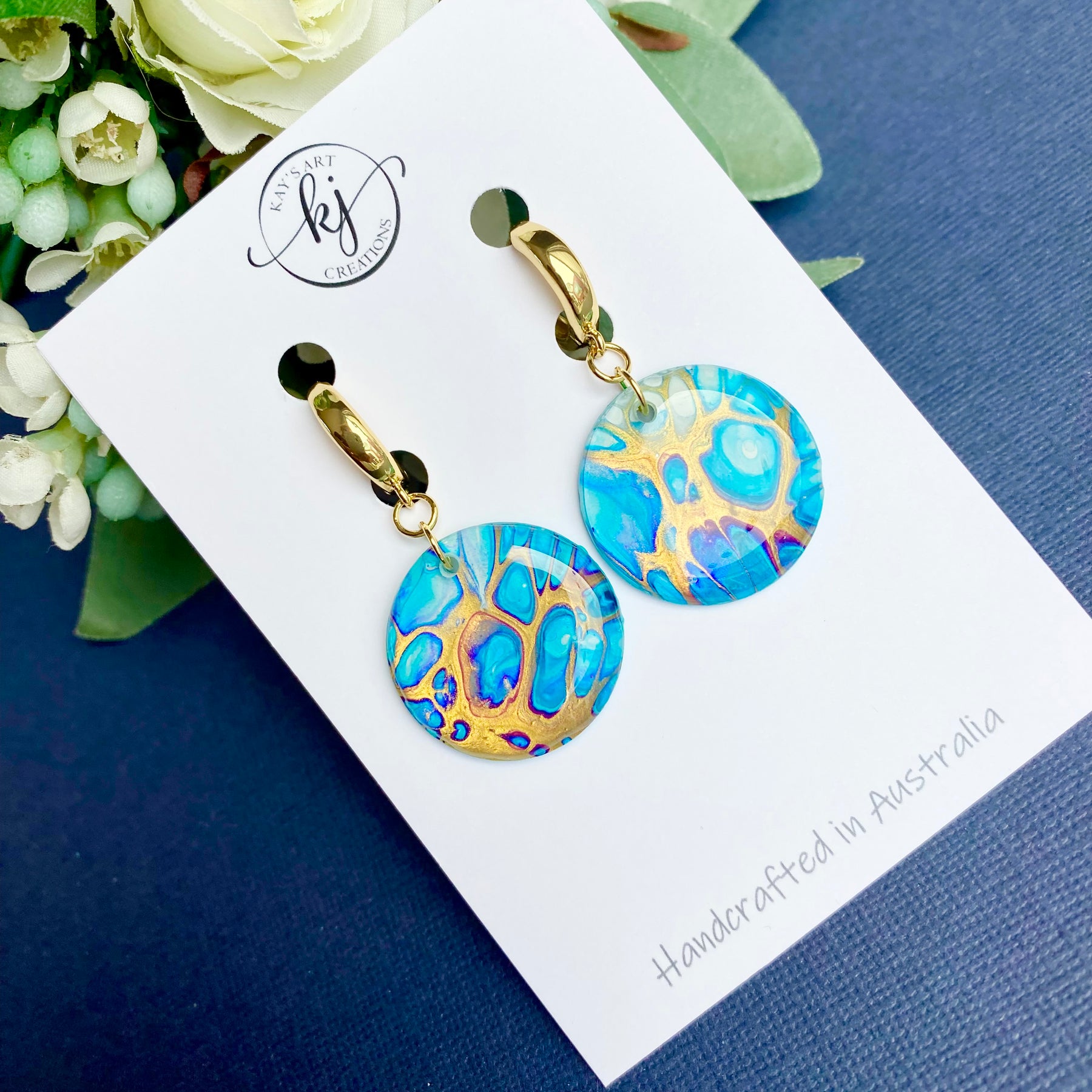 Turquoise and Gold Art Huggie Hoop Earrings