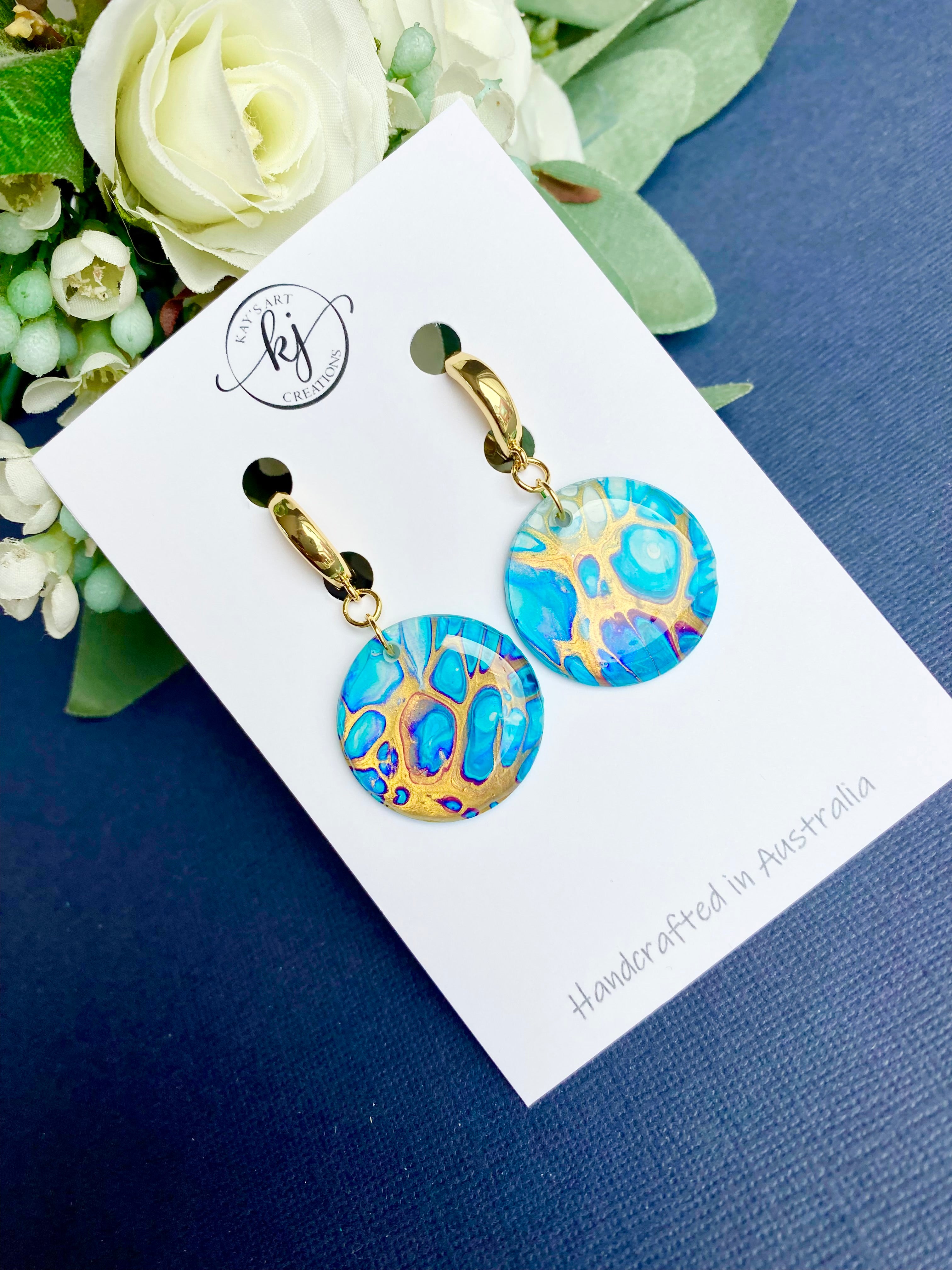Turquoise and Gold Art Huggie Hoop Earrings