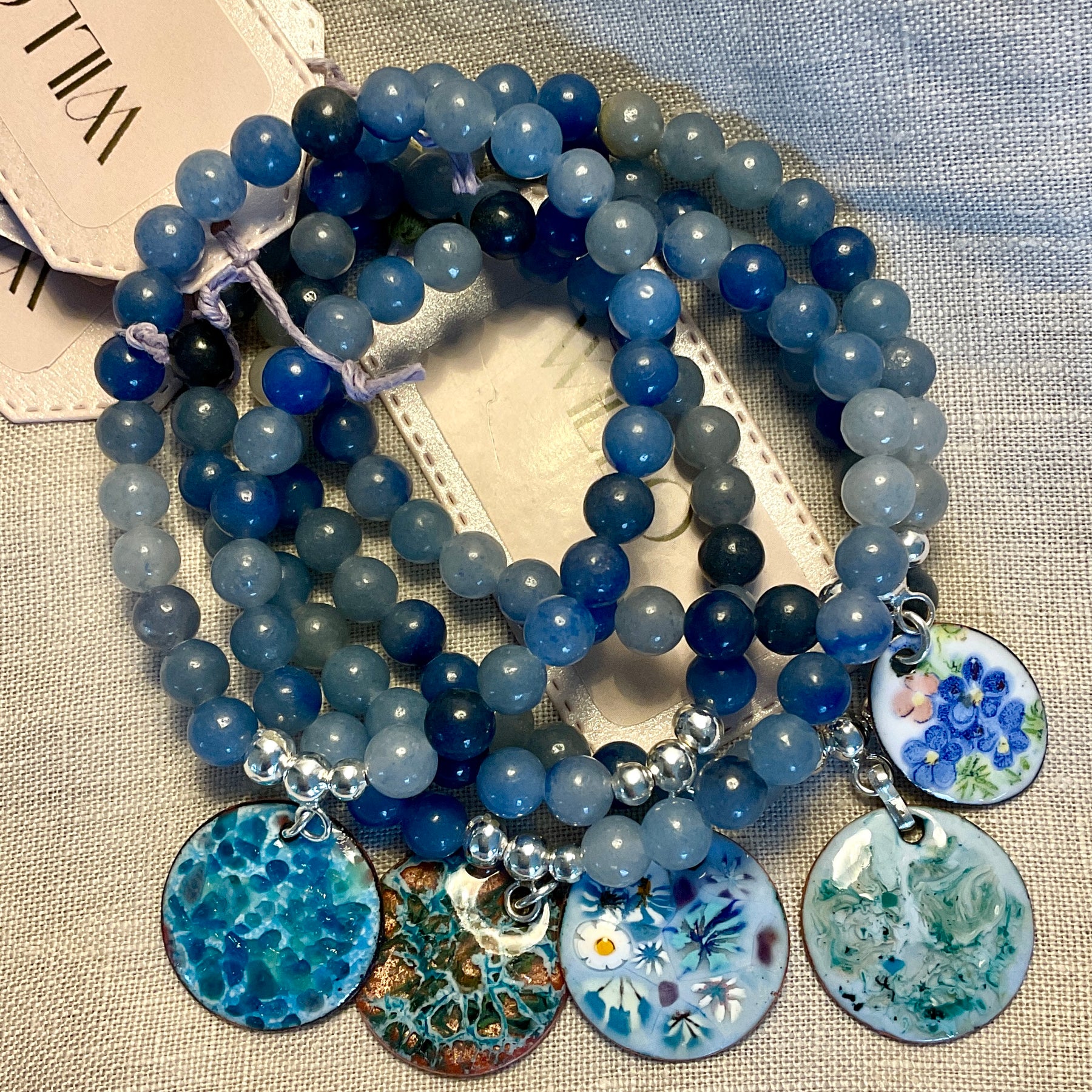 Aventurine (blue) gemstone bracelet with enamel charm