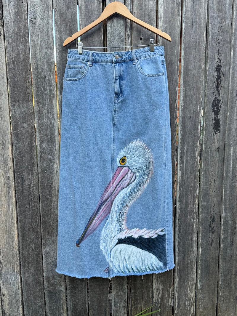 Pelican Hand-painted Denim Recycled Skirt (W12)
