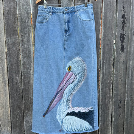 Pelican Hand-painted Denim Recycled Skirt (W12)