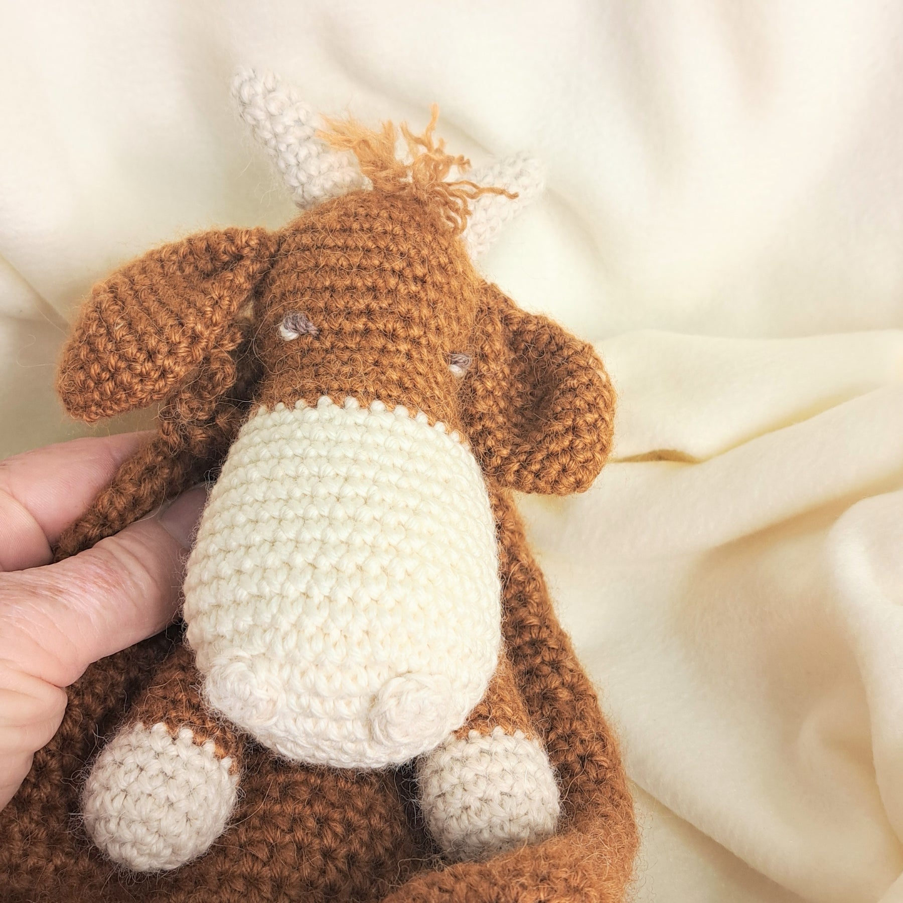 Handmade crochet Highland cow snuggler, Australian wool, alpaca, silk