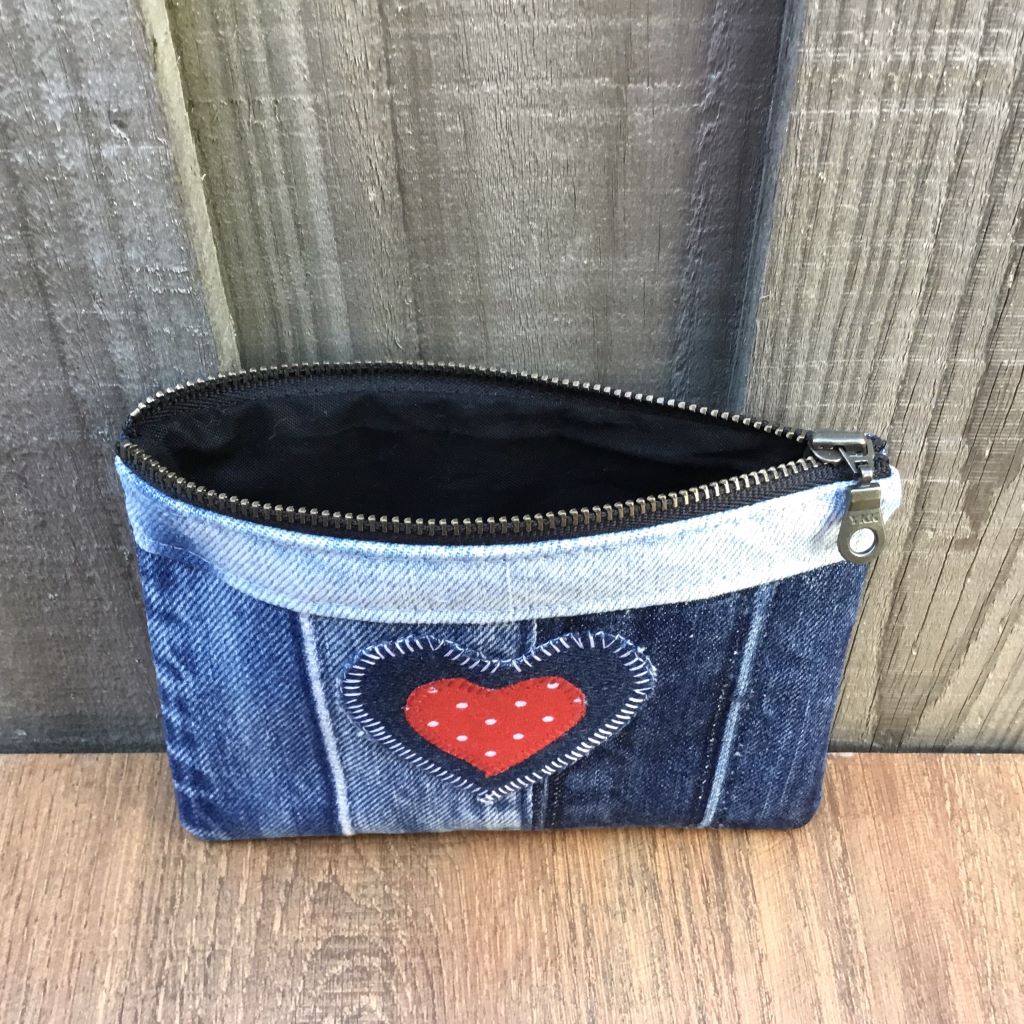Upcycled Denim Purse – Denim & Red Polka Dot Heart
