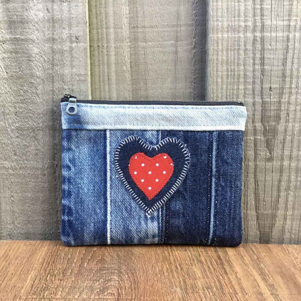 Upcycled Denim Purse – Denim & Red Polka Dot Heart
