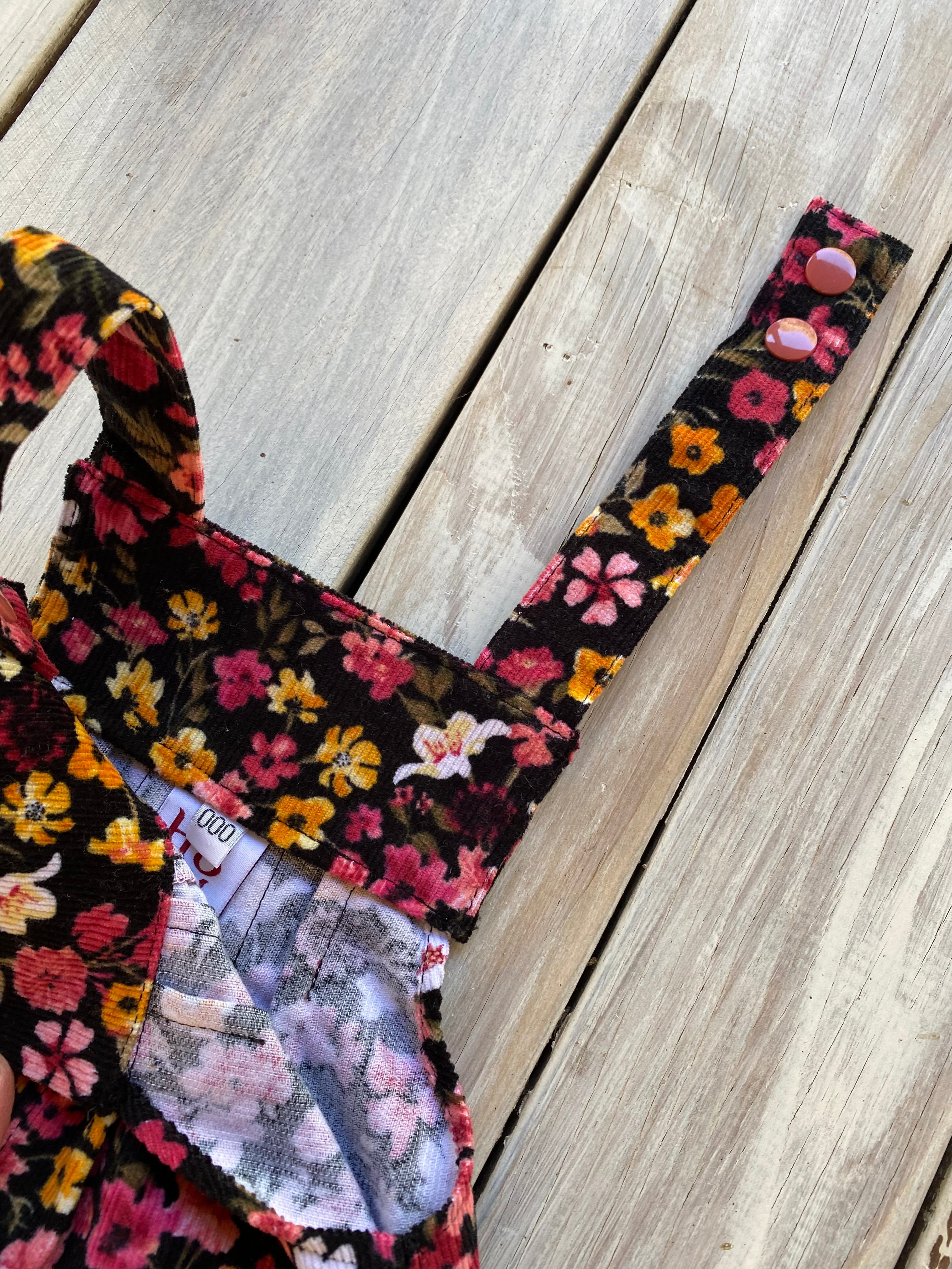 Corduroy Childs/Babies overalls pink/yellow floral multiple sizes