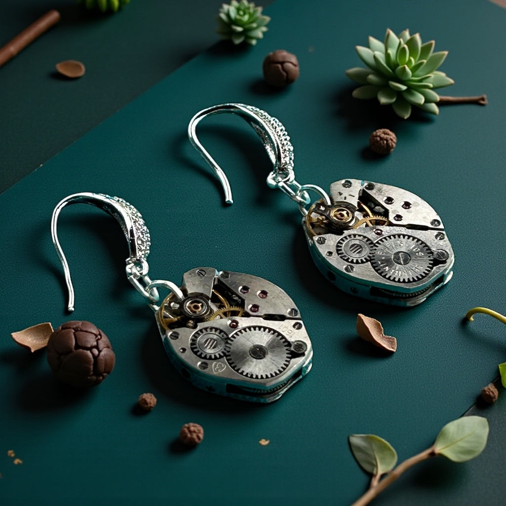 Steampunk vintage watch movement earrings