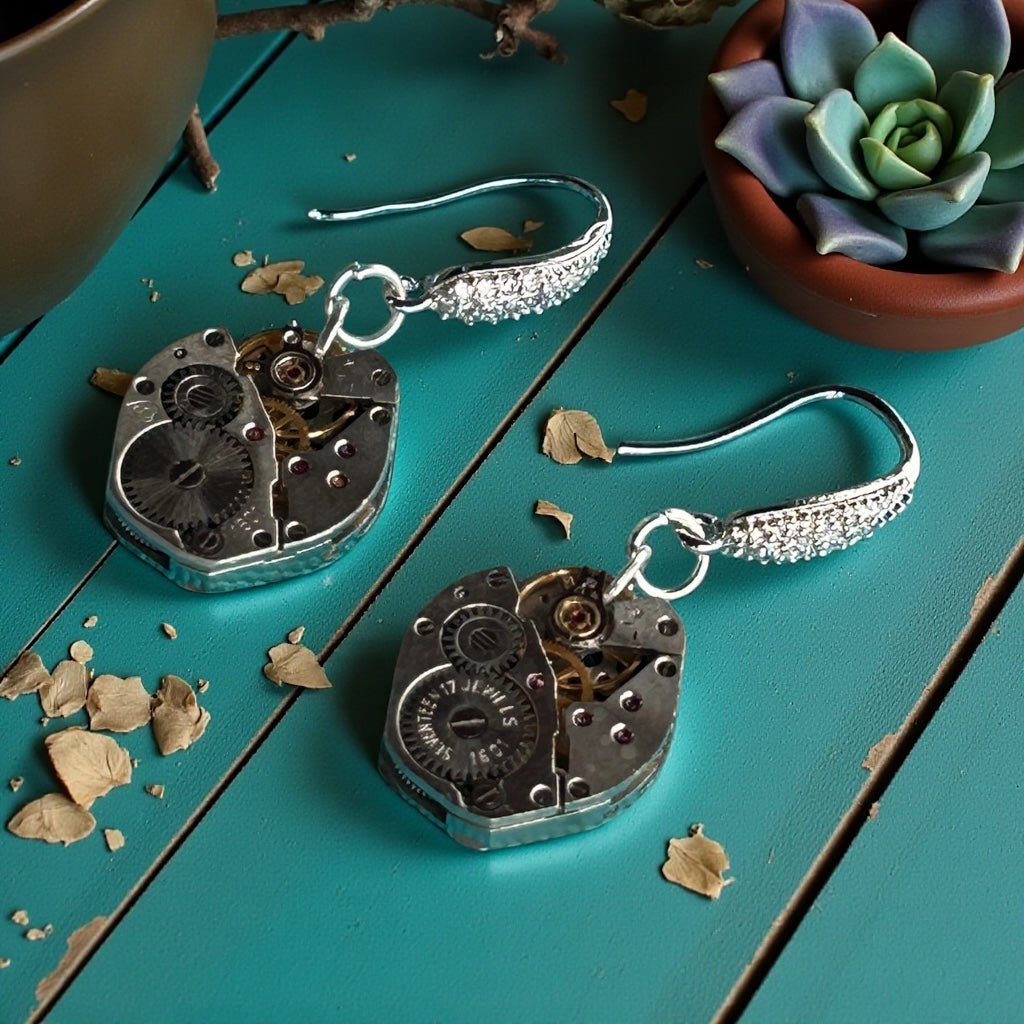 Steampunk vintage watch movement earrings